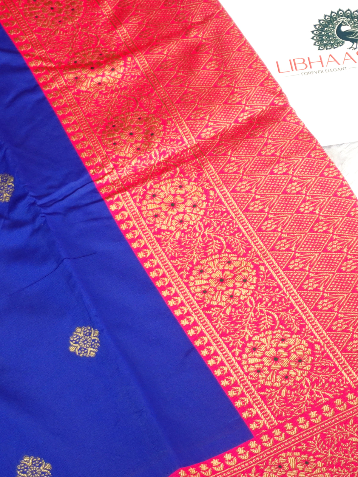 Royal Blue Silk Blend Saree with Contrast Rani Pink Zari Border