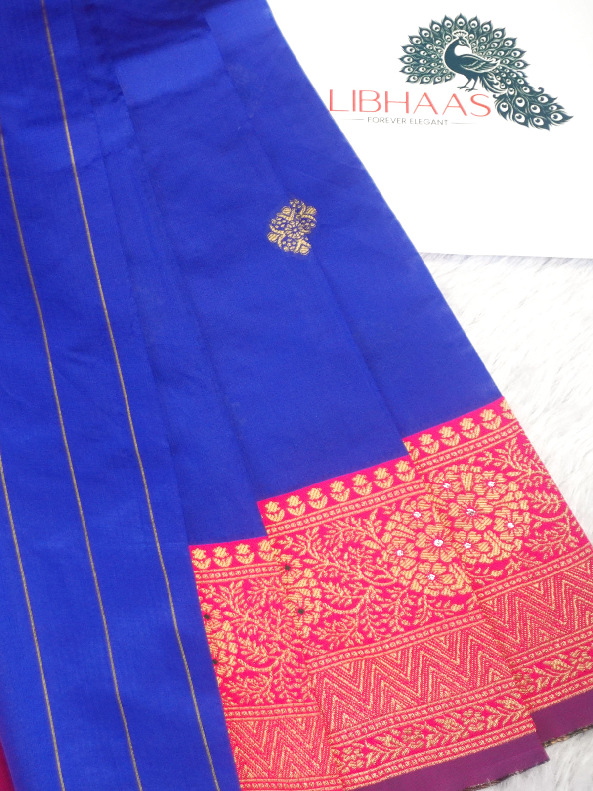 Royal Blue Silk Blend Saree with Contrast Rani Pink Zari Border