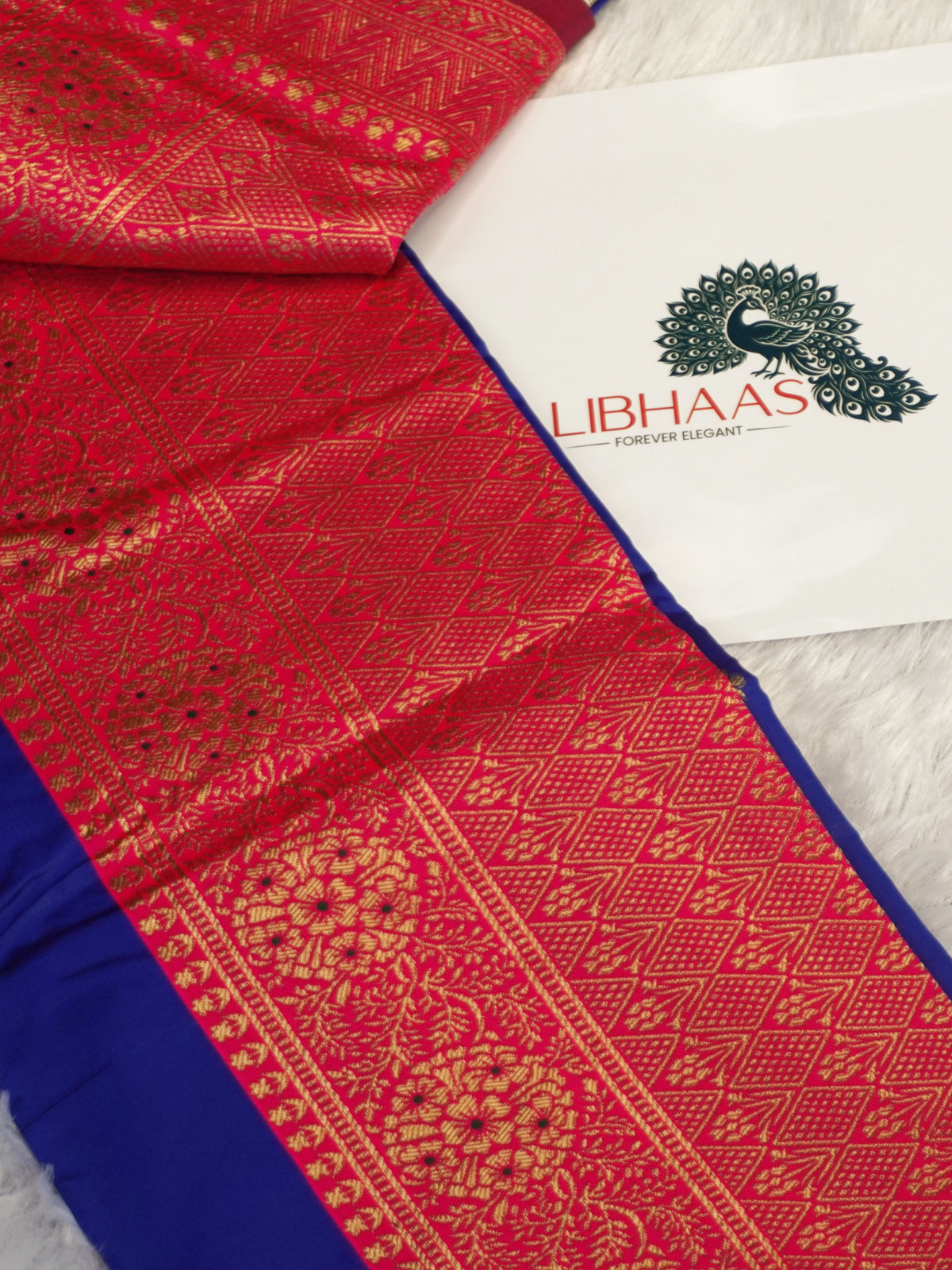 Royal Blue Silk Blend Saree with Contrast Rani Pink Zari Border