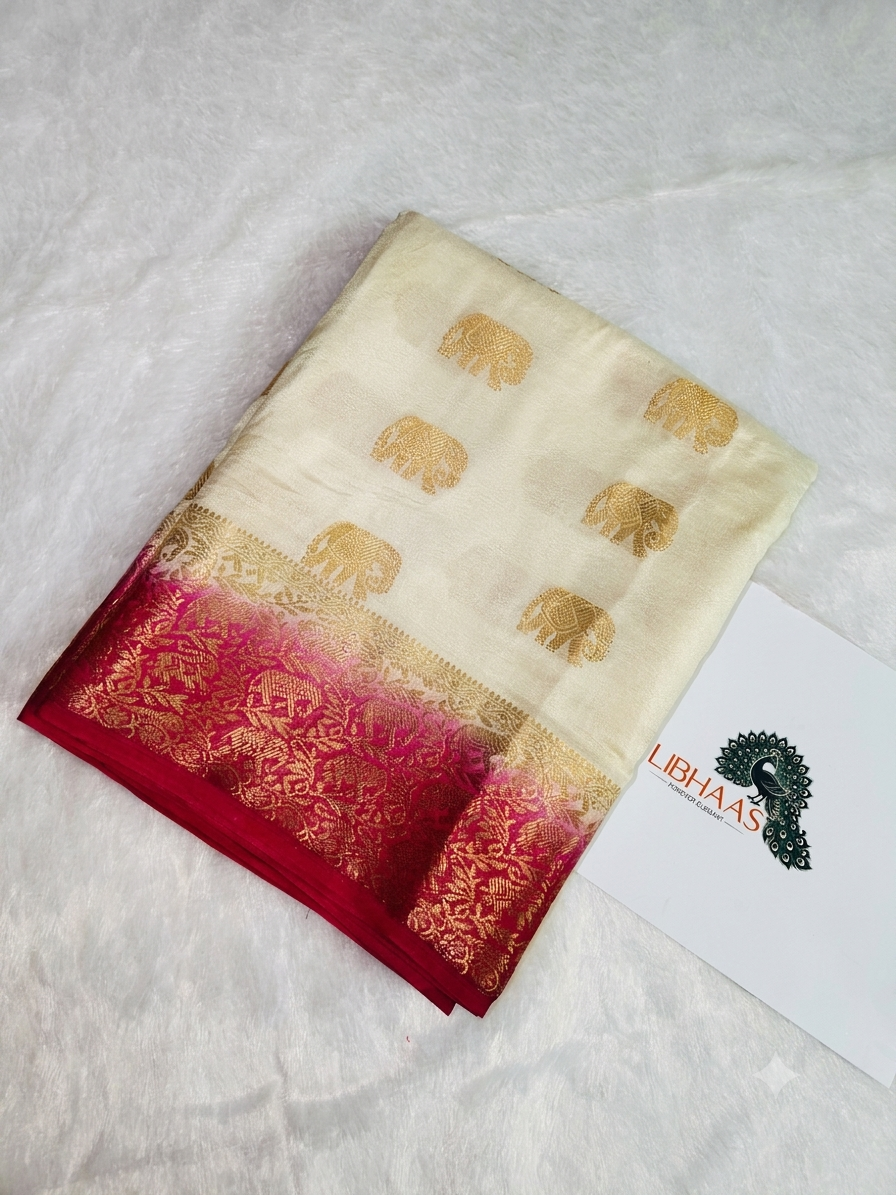 Off-White & Rani Pink Pure Mysore Silk Saree with Golden Zari Elephant Butta & Border