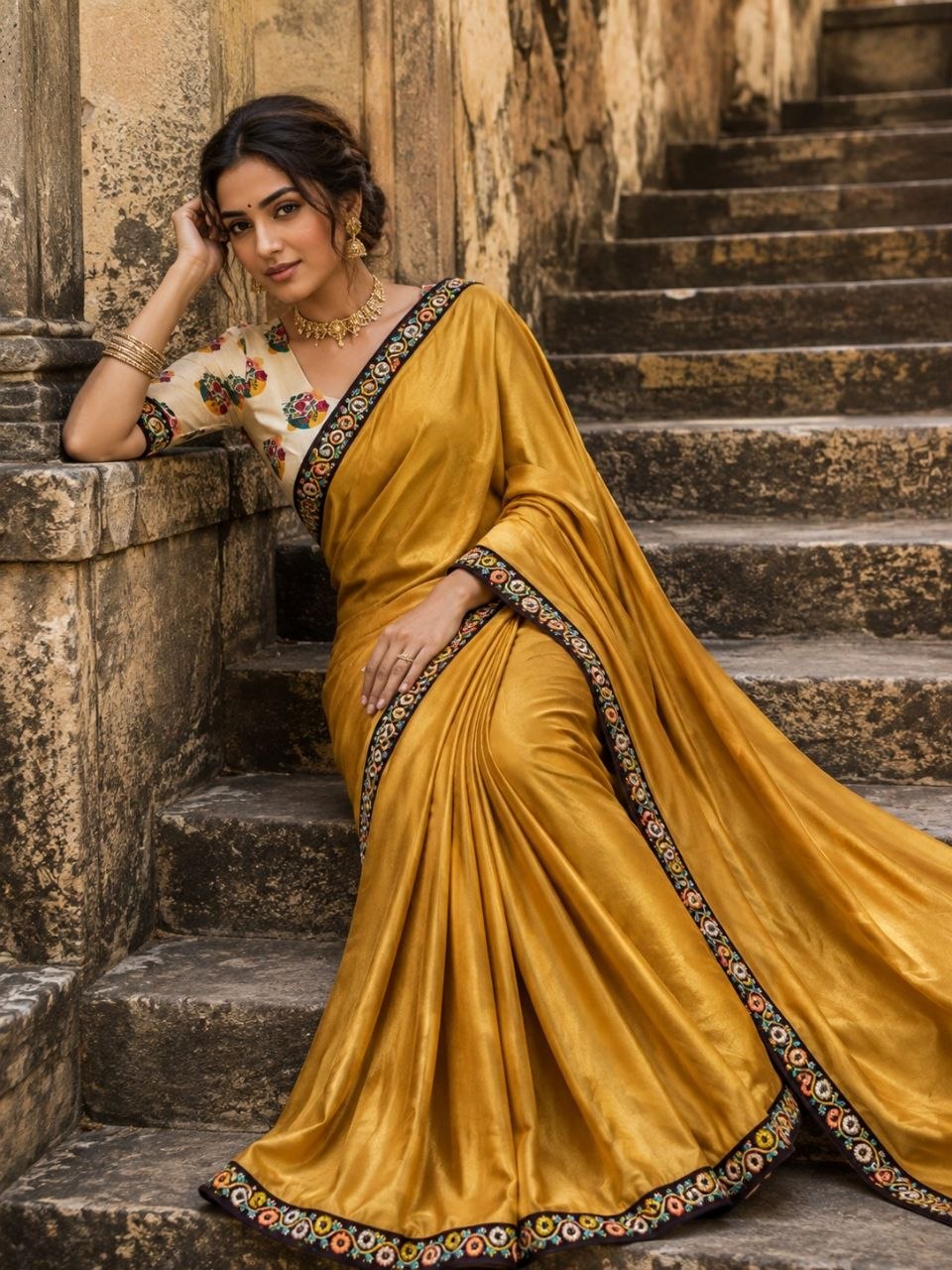 Elegant Taupe Grey Satin Silk Saree with Embroidered Floral Border & Matching Printed Blouse