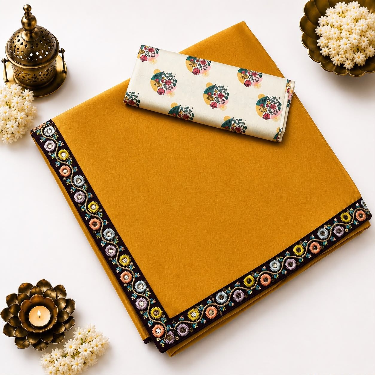 Elegant Taupe Grey Satin Silk Saree with Embroidered Floral Border & Matching Printed Blouse
