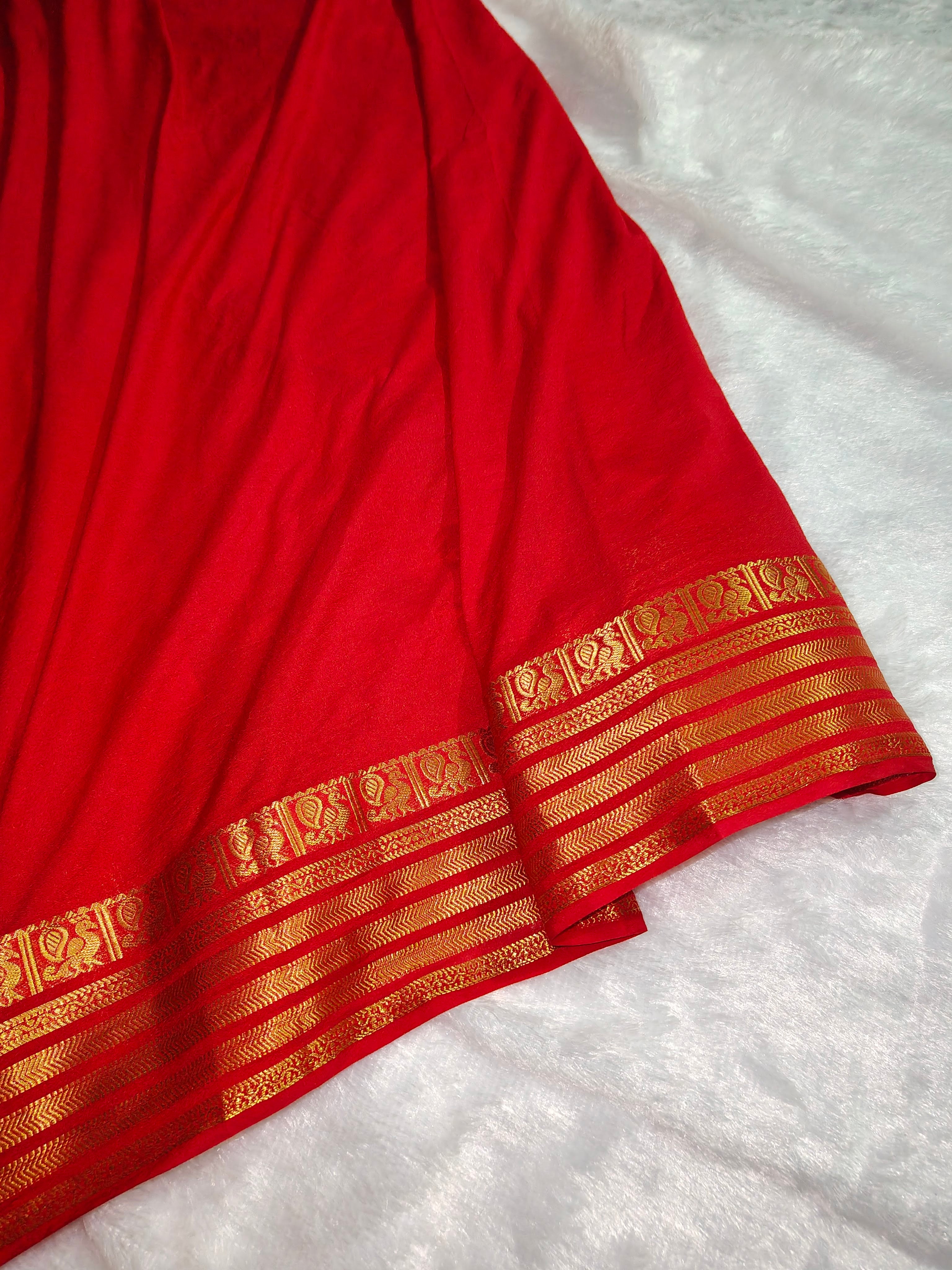Vibrant Red Pure Mysore Silk Saree with Gold Zari Peacock (Mayil) Motif