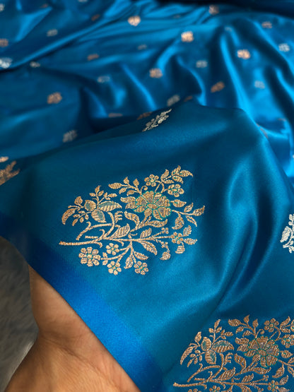 Elegant Satin Silk Saree with Woven Floral Buttis & Zari Border