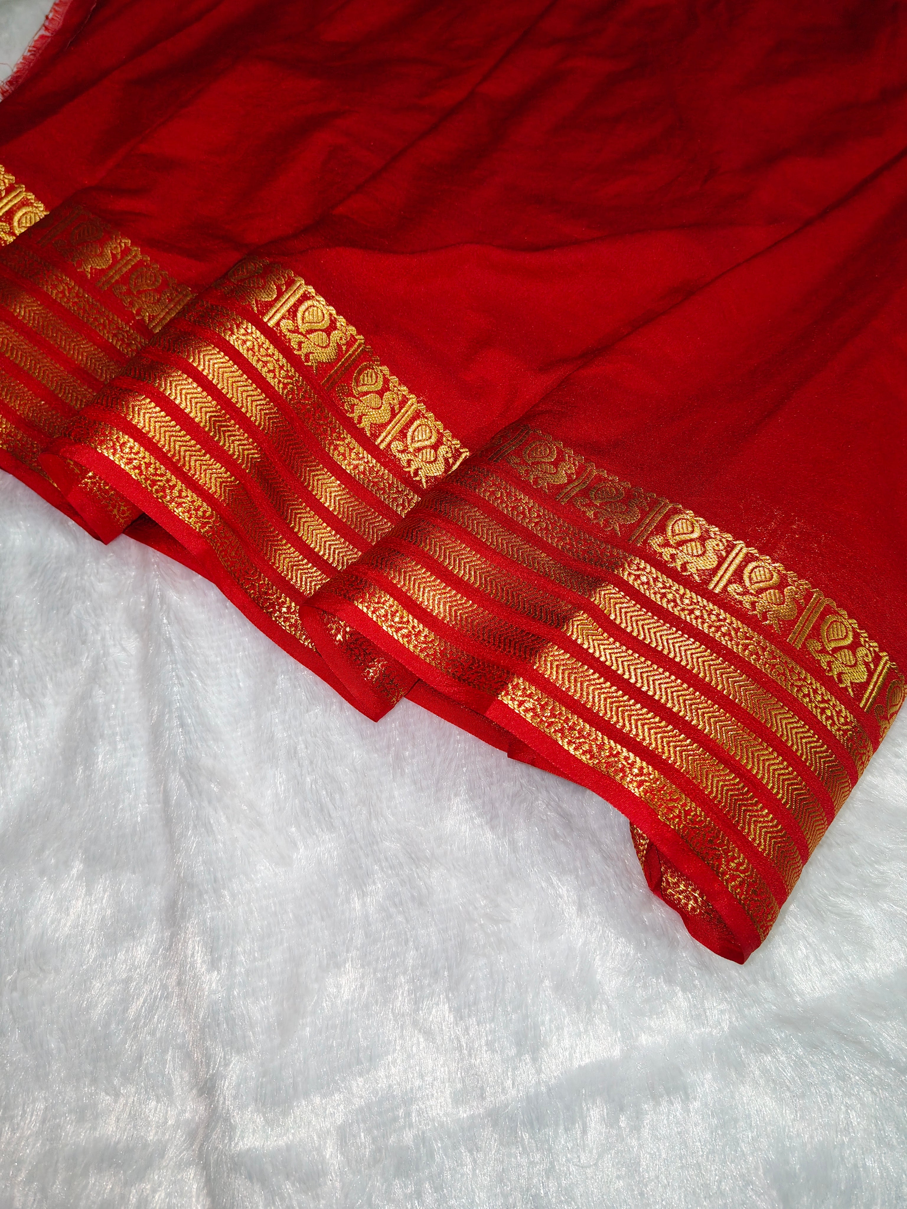 Vibrant Red Pure Mysore Silk Saree with Gold Zari Peacock (Mayil) Motif