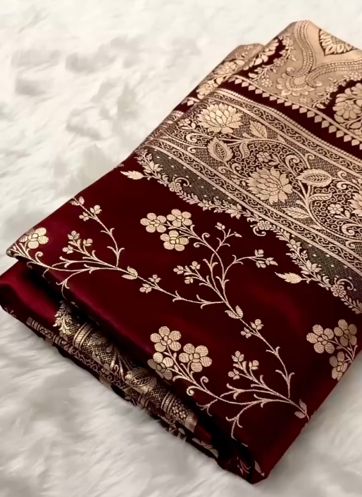 Radiant Fire Gold Banarasi Satin Silk Saree with Elegant Booti Work