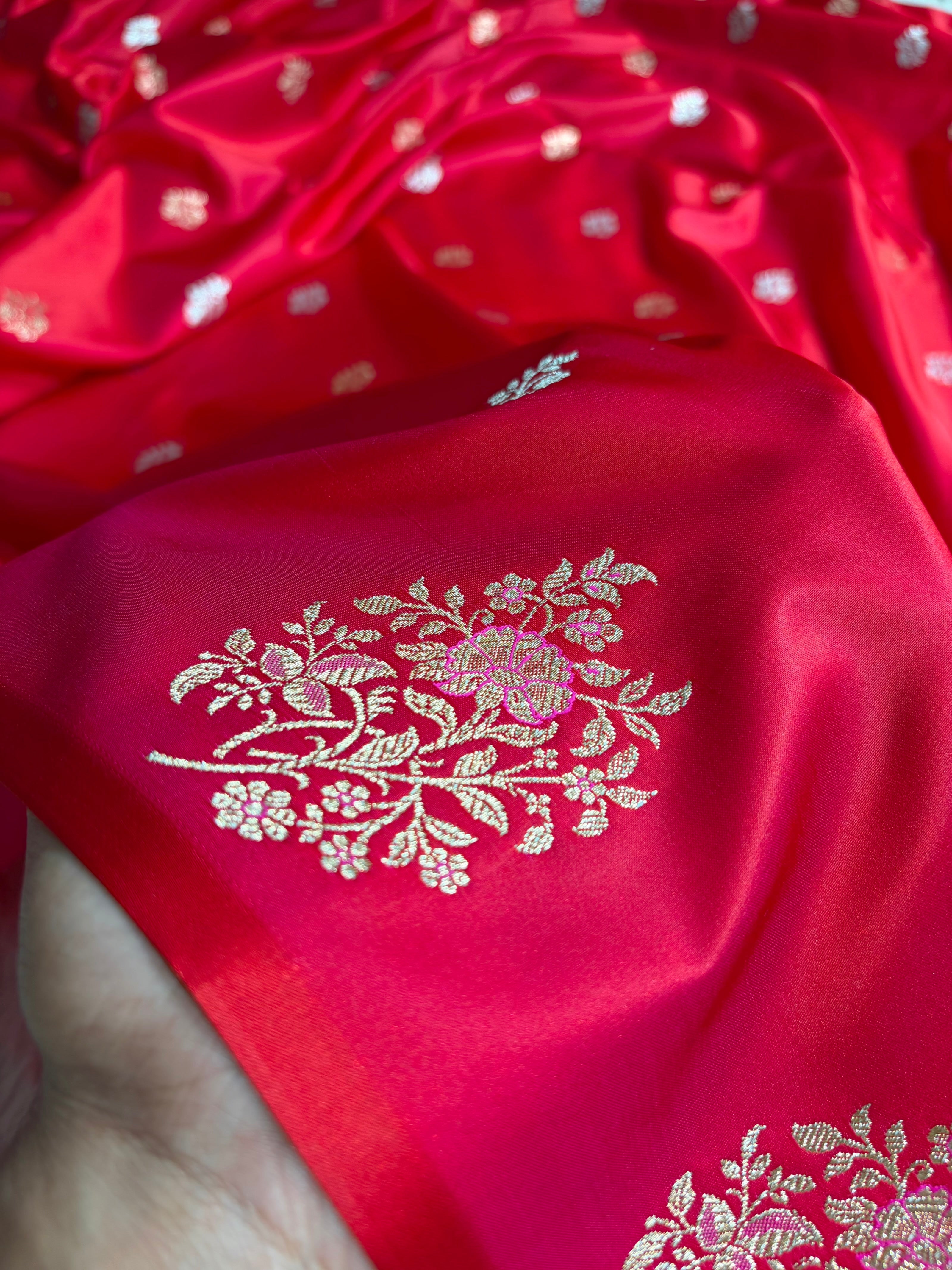 Elegant Satin Silk Saree with Woven Floral Buttis & Zari Border