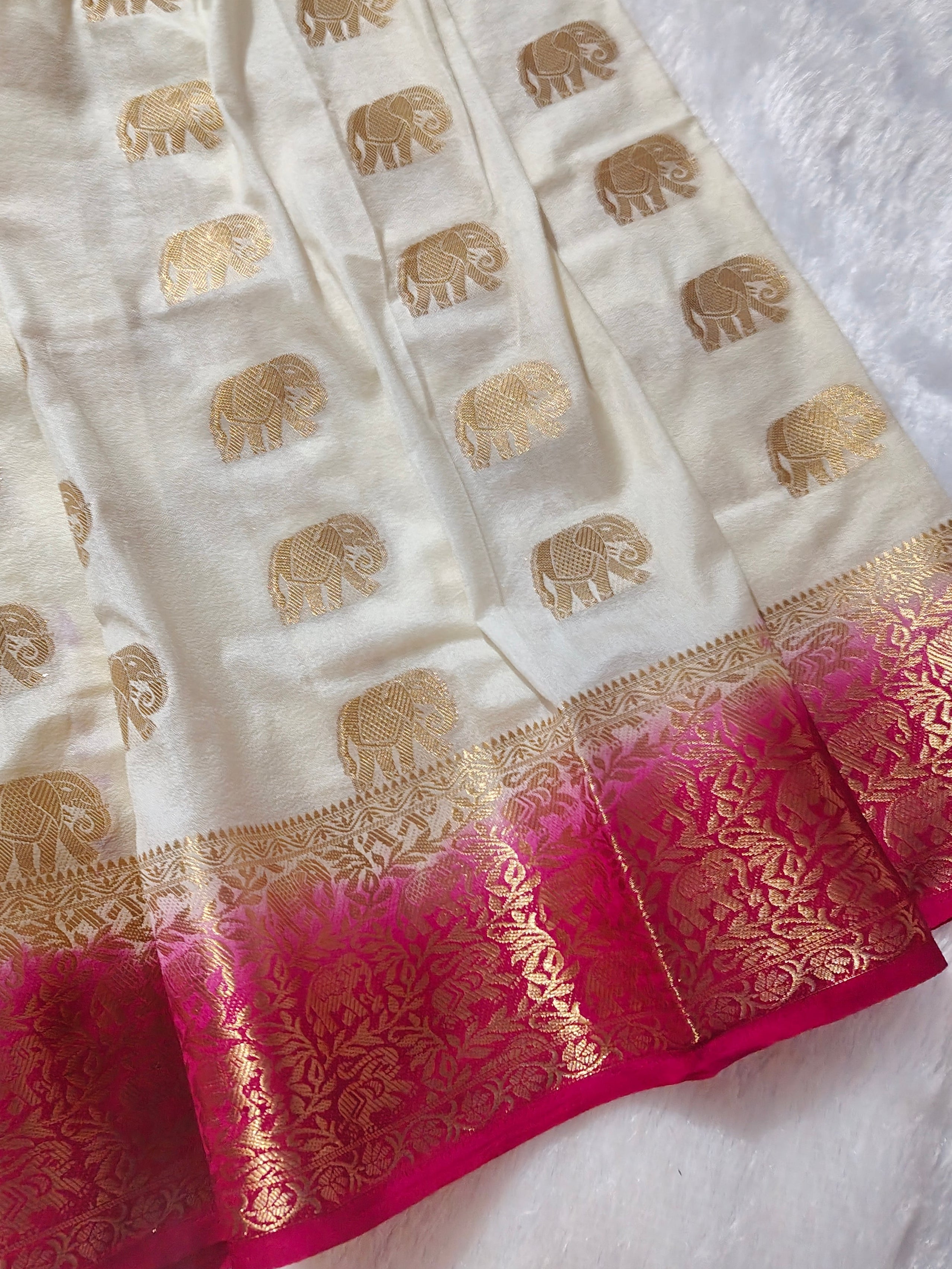 Off-White & Rani Pink Pure Mysore Silk Saree with Golden Zari Elephant Butta & Border