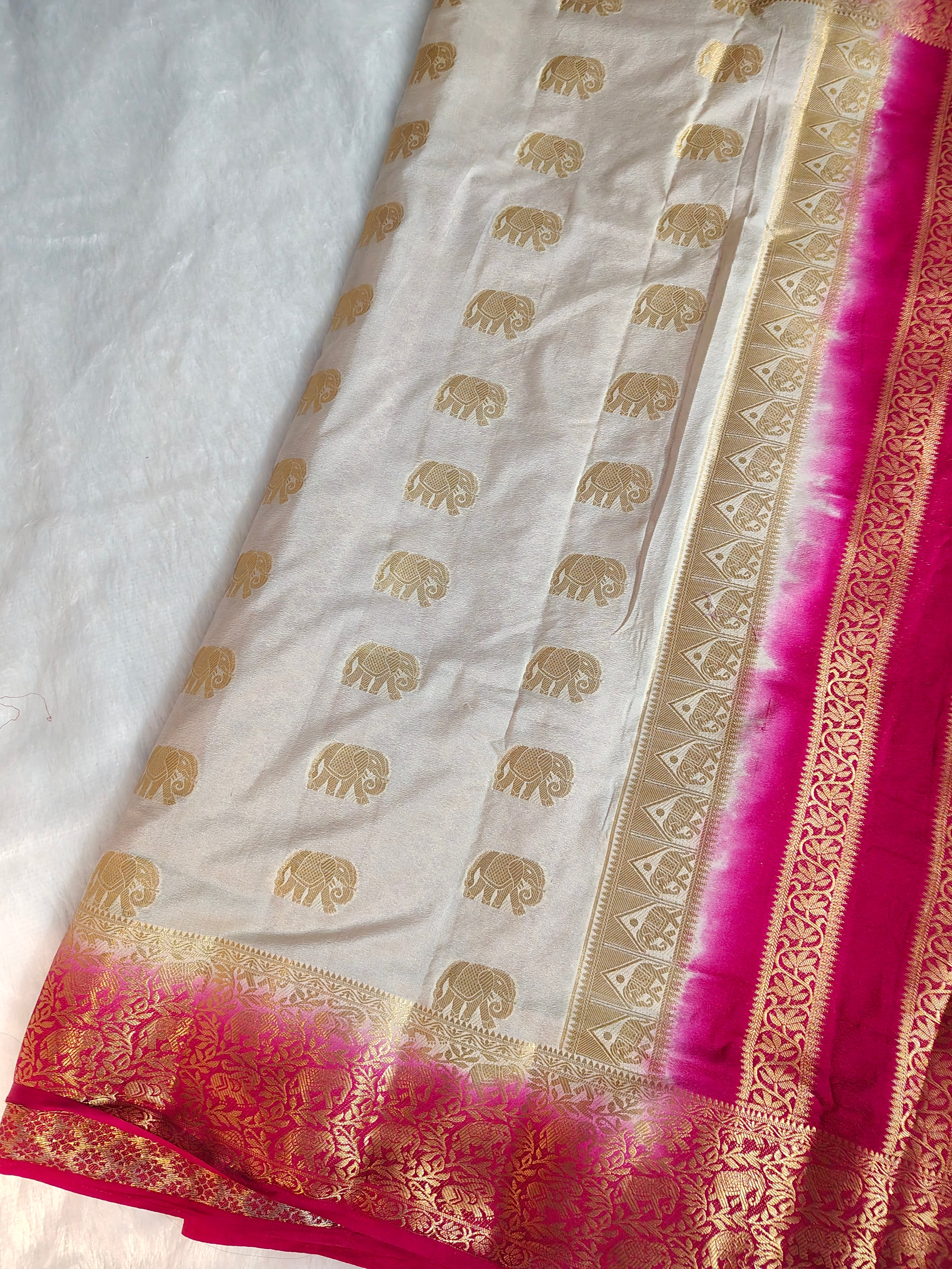 Off-White & Rani Pink Pure Mysore Silk Saree with Golden Zari Elephant Butta & Border