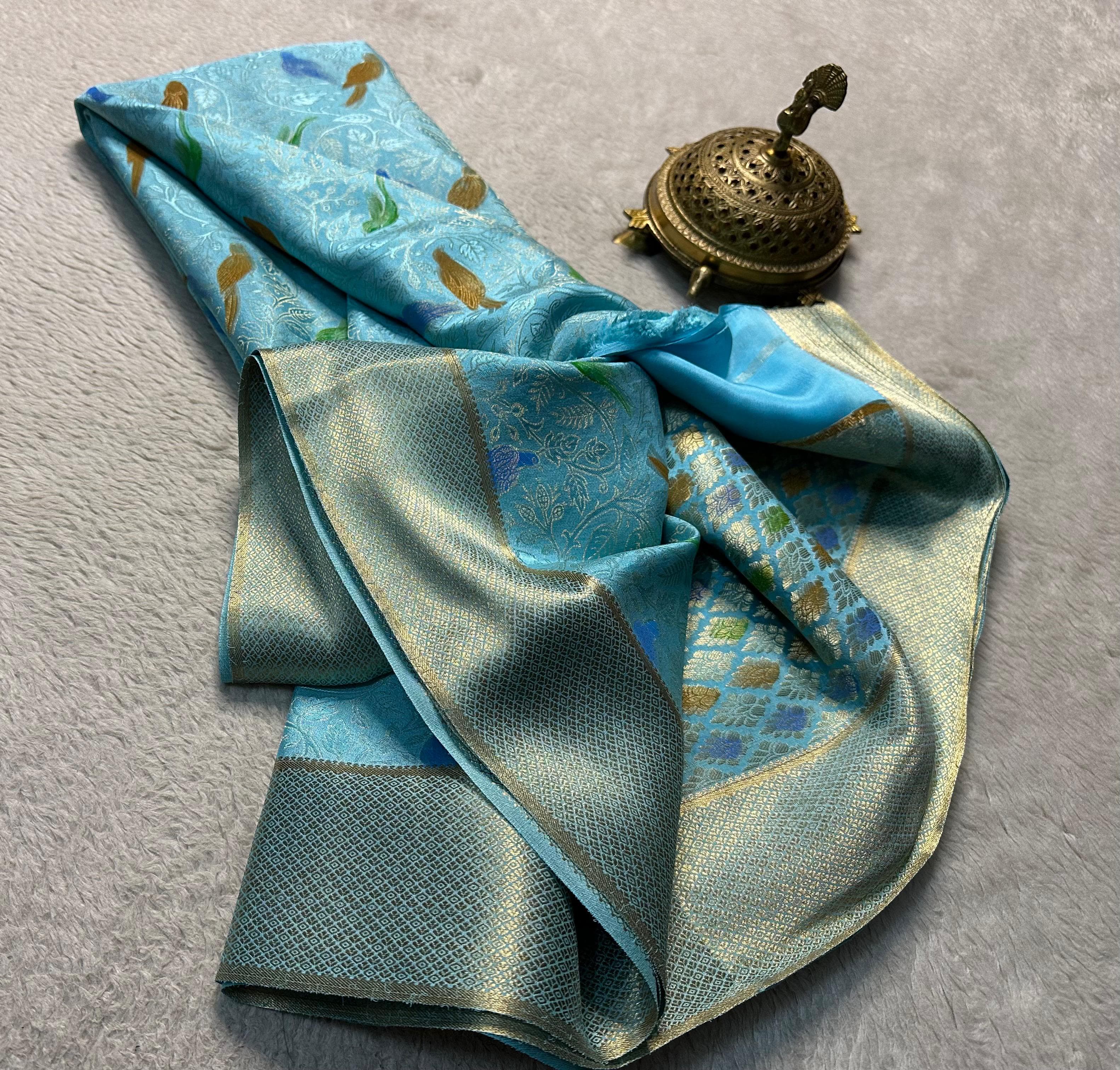 Elegant Brocade Saree with Colorful Bird Motifs & Rich Zari Border
