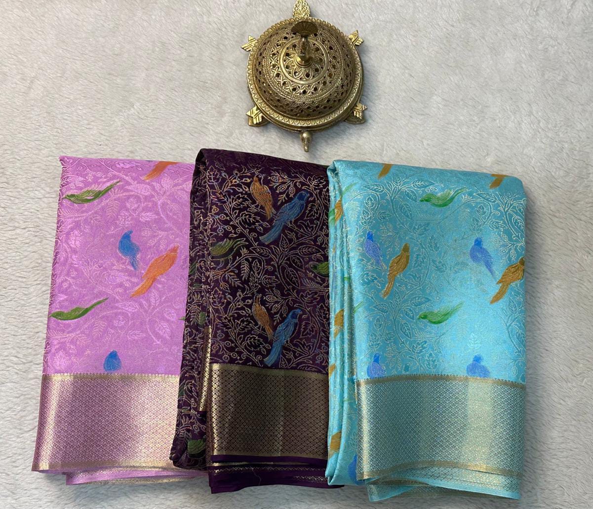 Elegant Brocade Saree with Colorful Bird Motifs & Rich Zari Border