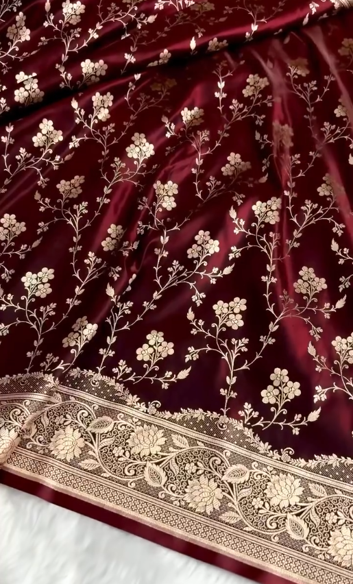 Radiant Fire Gold Banarasi Satin Silk Saree with Elegant Booti Work