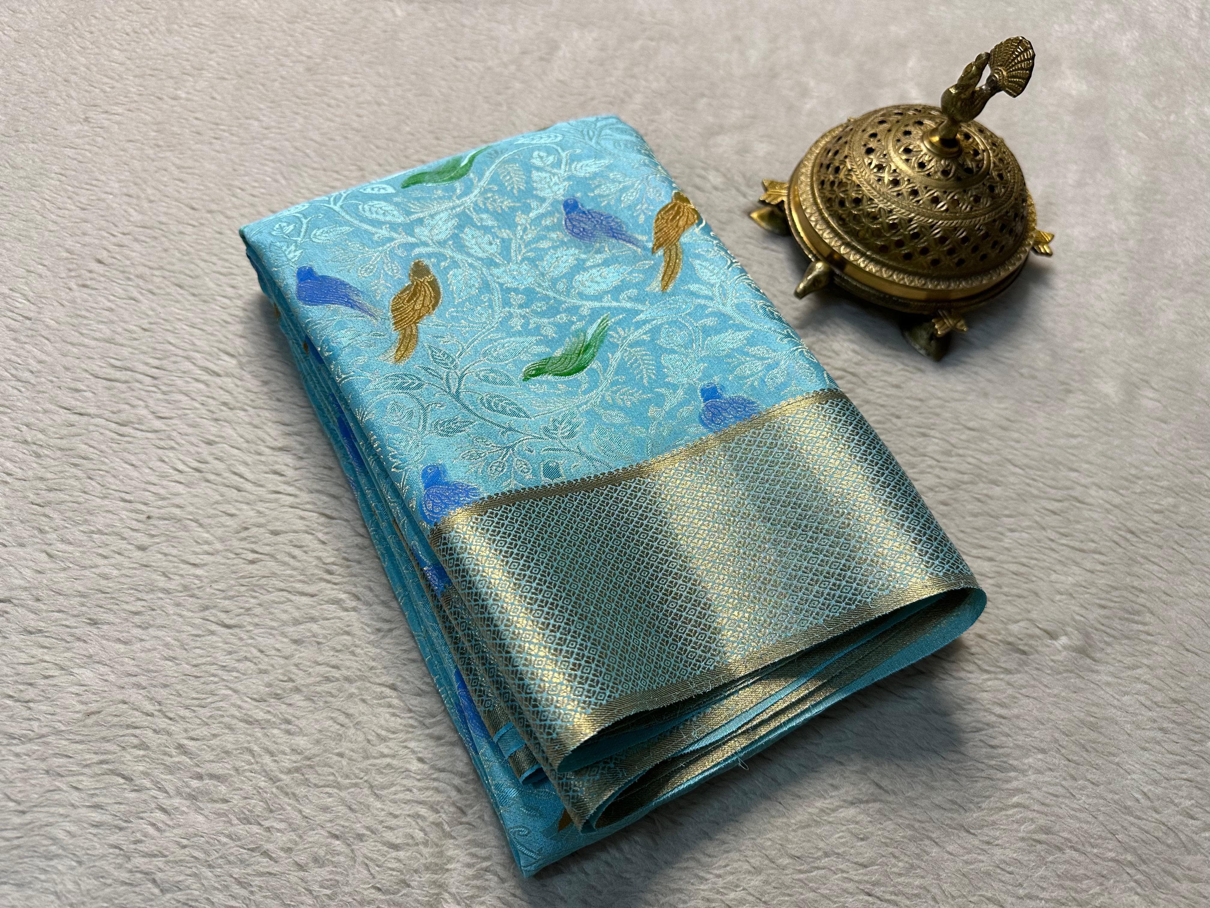 Elegant Brocade Saree with Colorful Bird Motifs & Rich Zari Border