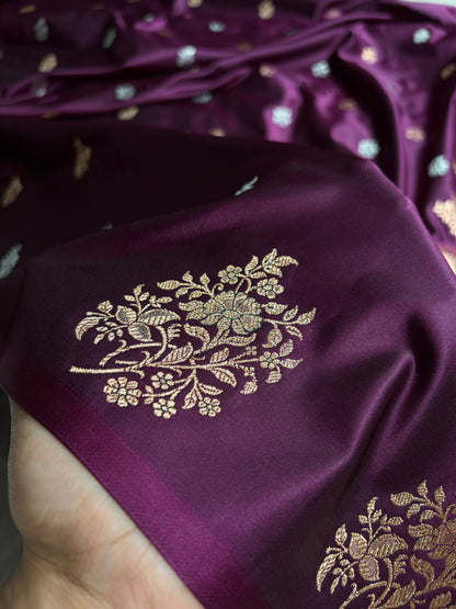 Elegant Satin Silk Saree with Woven Floral Buttis & Zari Border