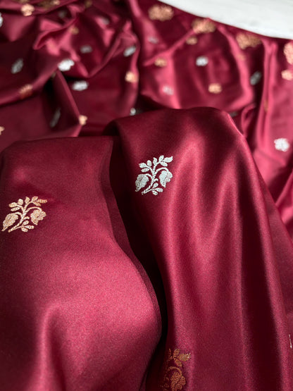 Elegant Satin Silk Saree with Woven Floral Buttis & Zari Border