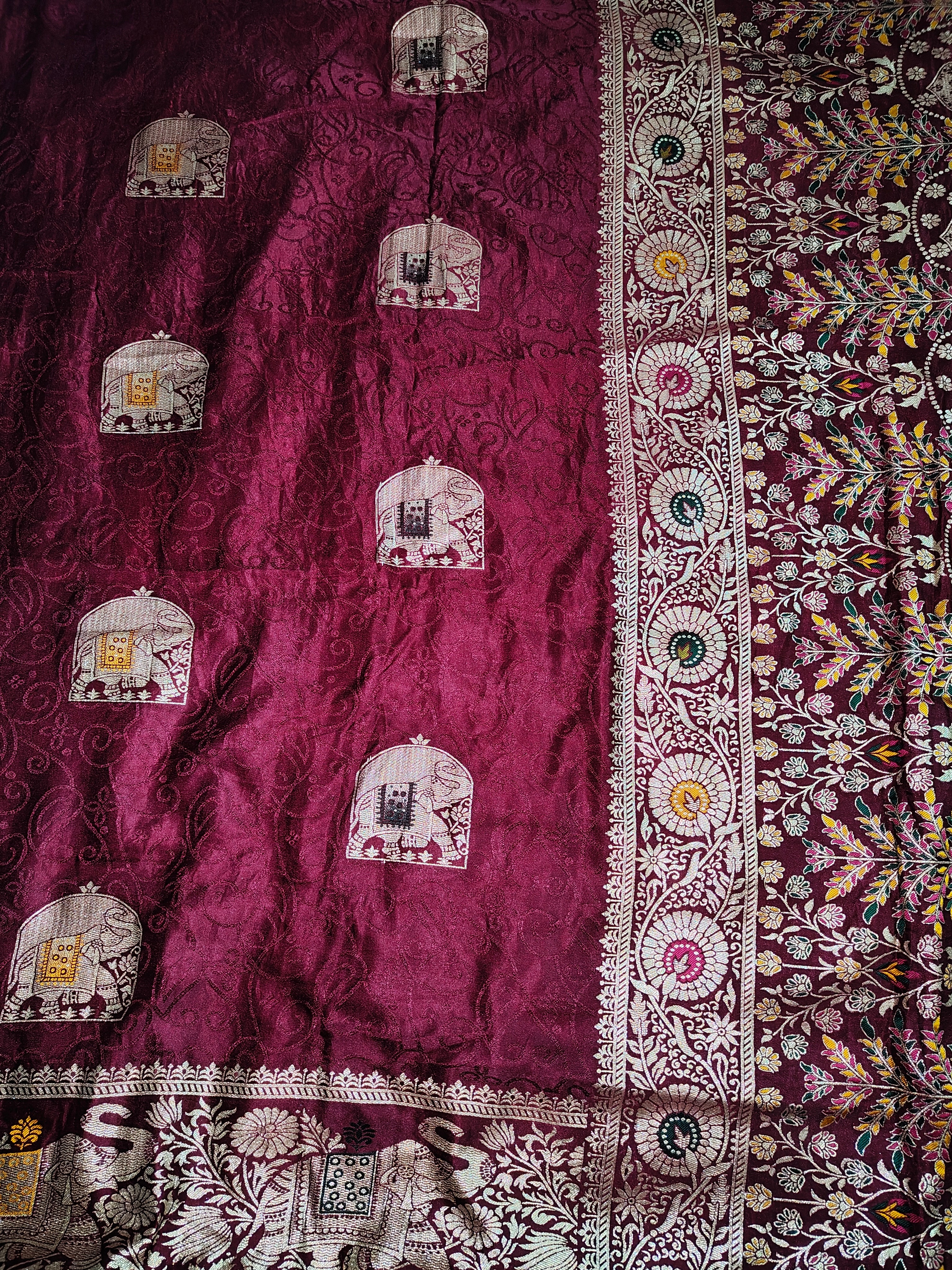 Deep Wine Maroon Nylon Brocade Silk Saree with Gold Zari & Meenakari Elephant Motifs