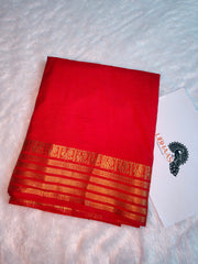 Vibrant Red Pure Mysore Silk Saree with Gold Zari Peacock (Mayil) Motif