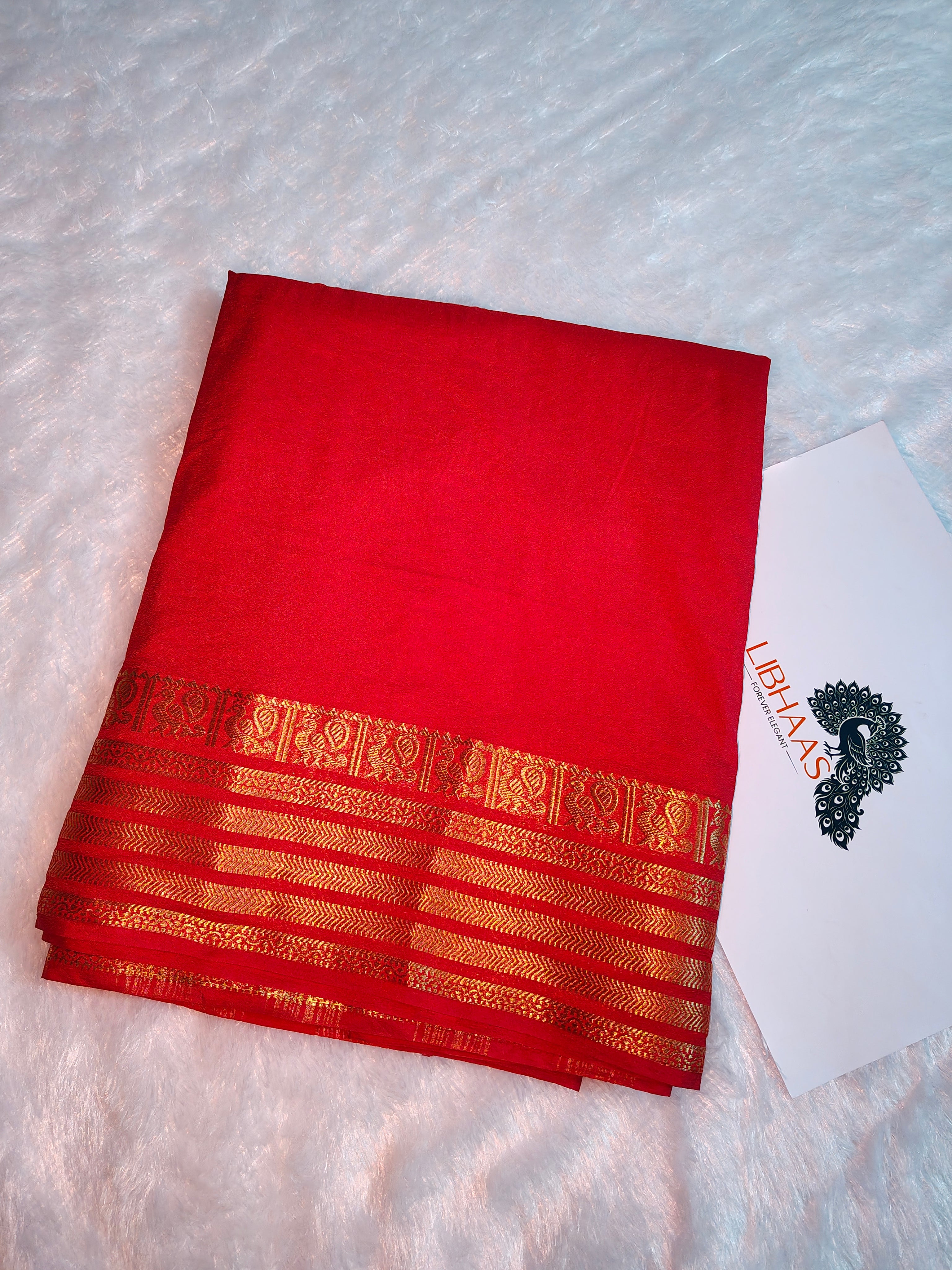 Vibrant Red Pure Mysore Silk Saree with Gold Zari Peacock (Mayil) Motif