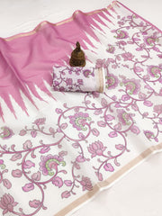 Elegant Off-White & Pink Floral  Printed Linen Saree with Temple Border
