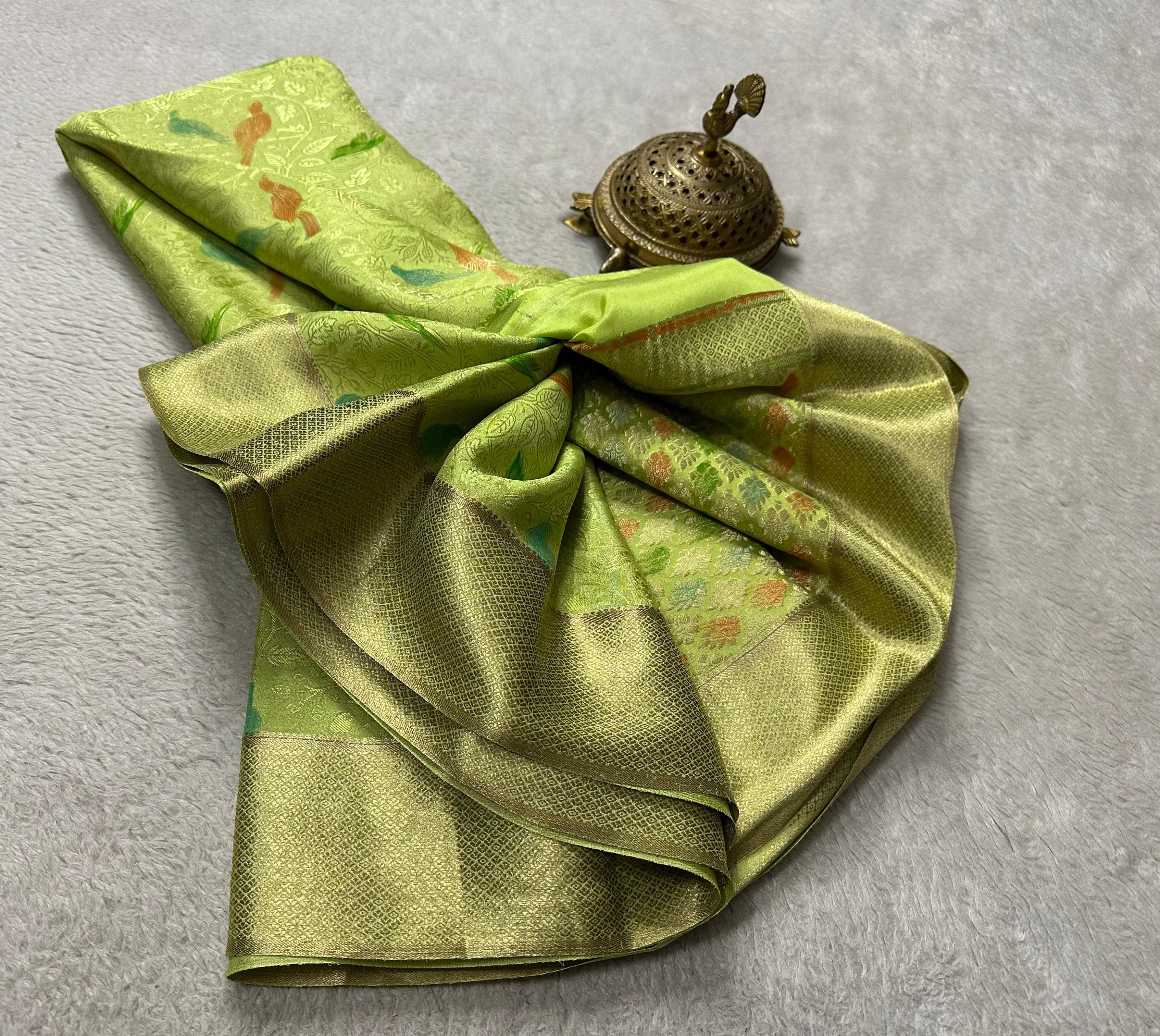 Elegant Brocade Saree with Colorful Bird Motifs & Rich Zari Border