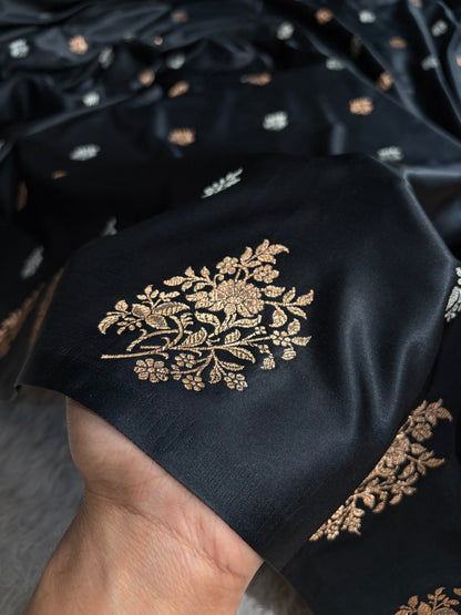 Elegant Satin Silk Saree with Woven Floral Buttis & Zari Border