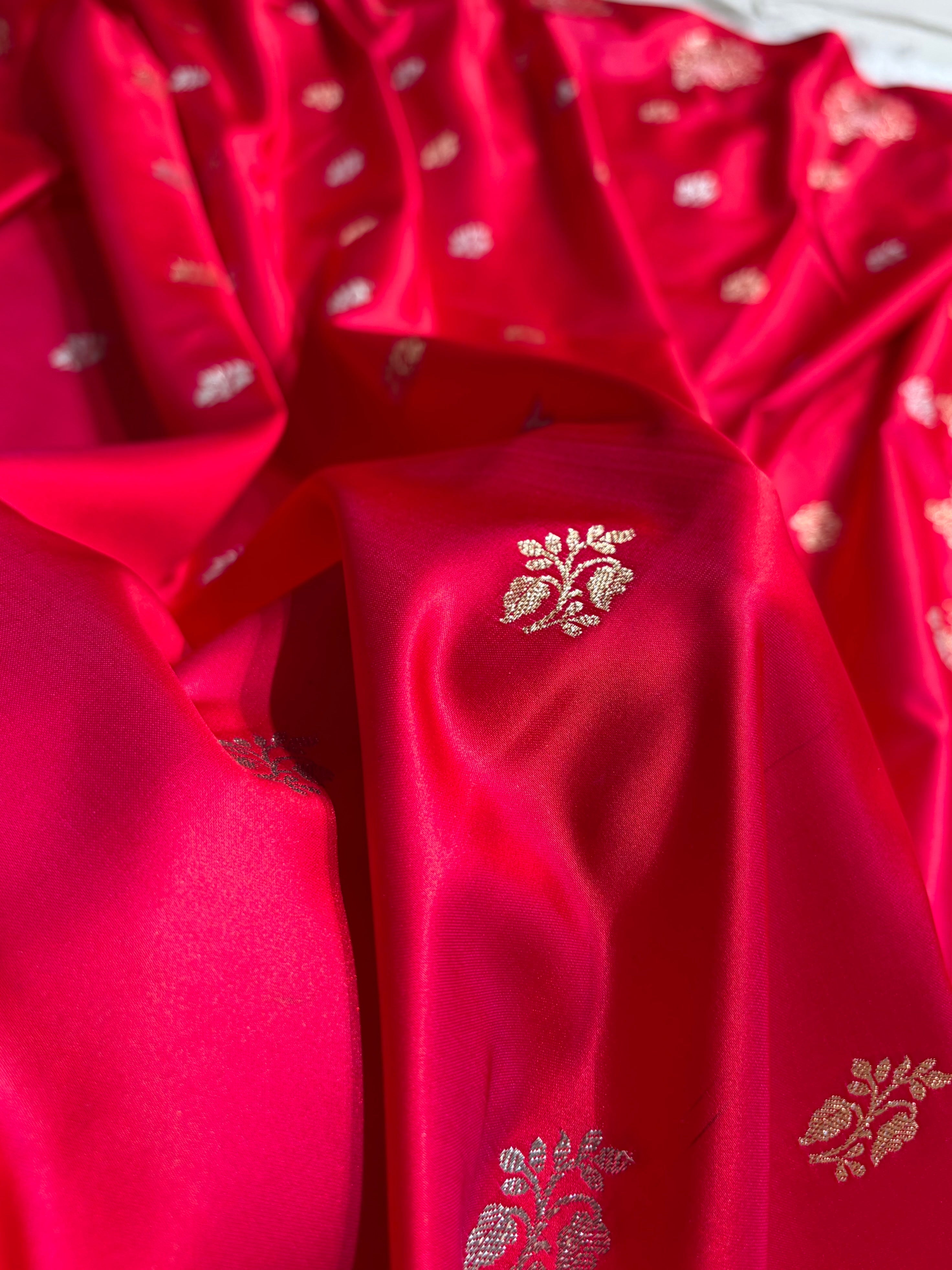 Elegant Satin Silk Saree with Woven Floral Buttis & Zari Border
