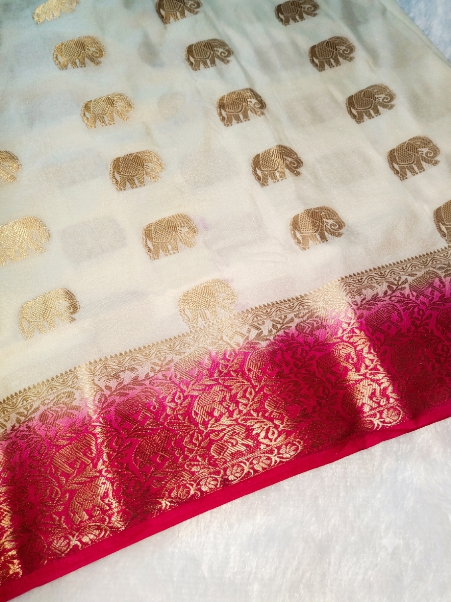 Off-White & Rani Pink Pure Mysore Silk Saree with Golden Zari Elephant Butta & Border