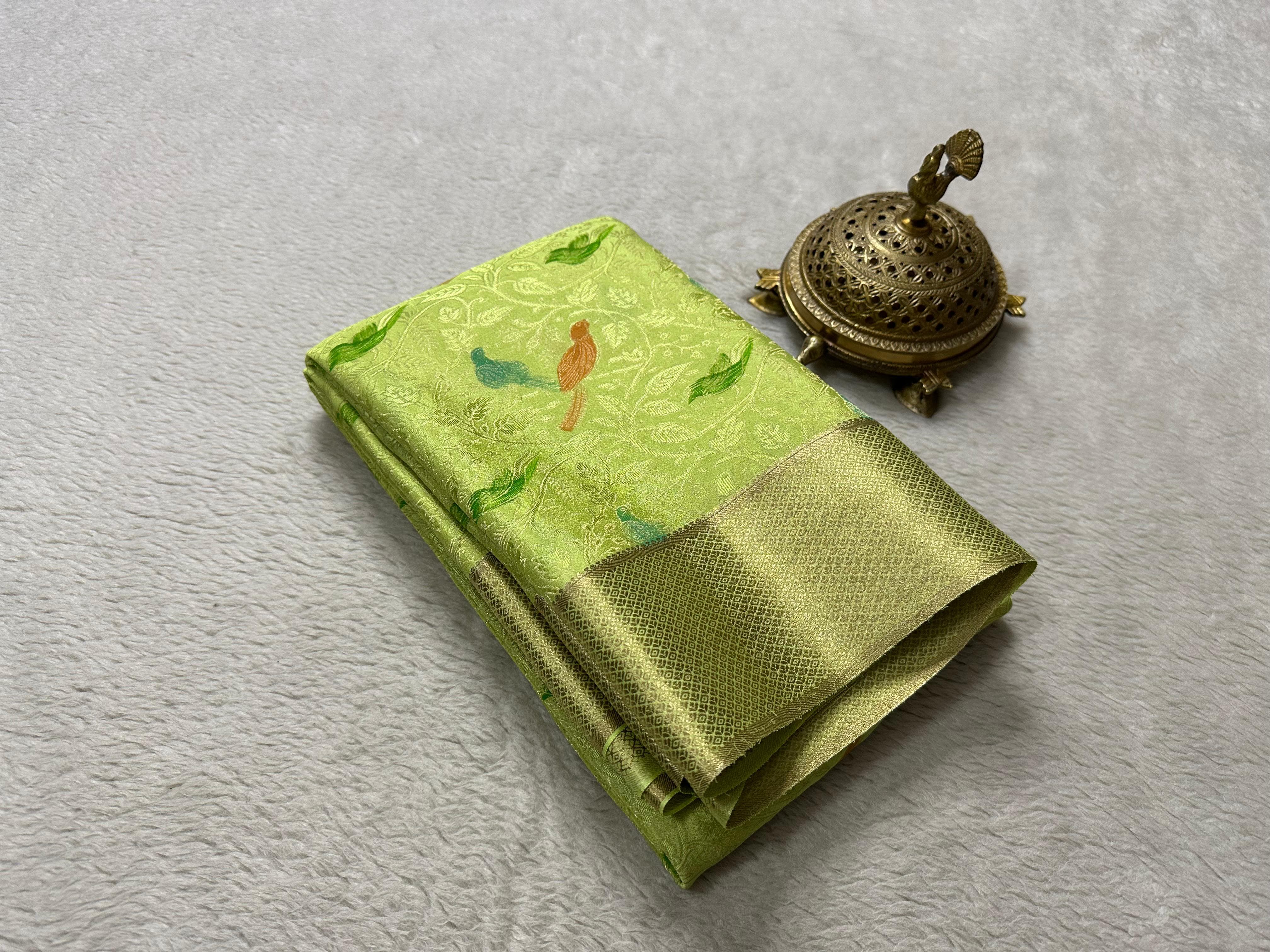 Elegant Brocade Saree with Colorful Bird Motifs & Rich Zari Border