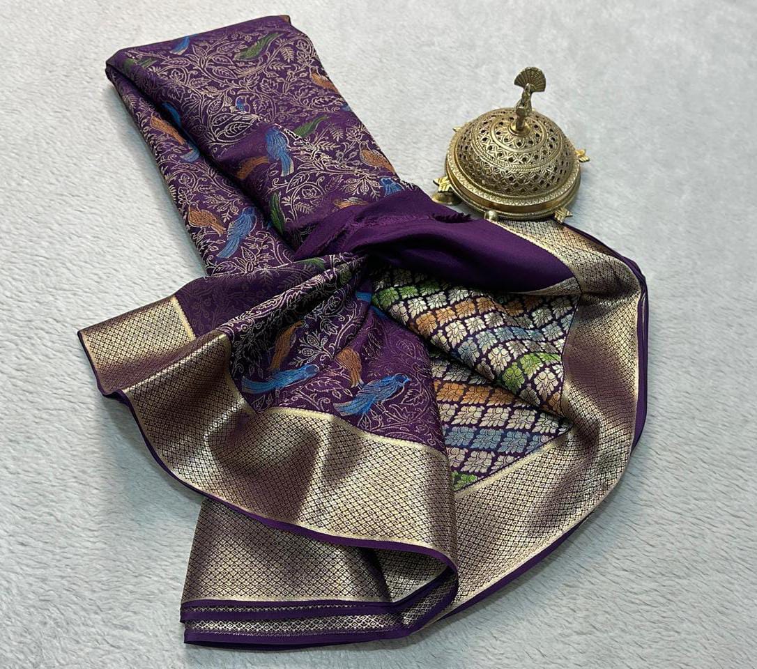 Elegant Brocade Saree with Colorful Bird Motifs & Rich Zari Border