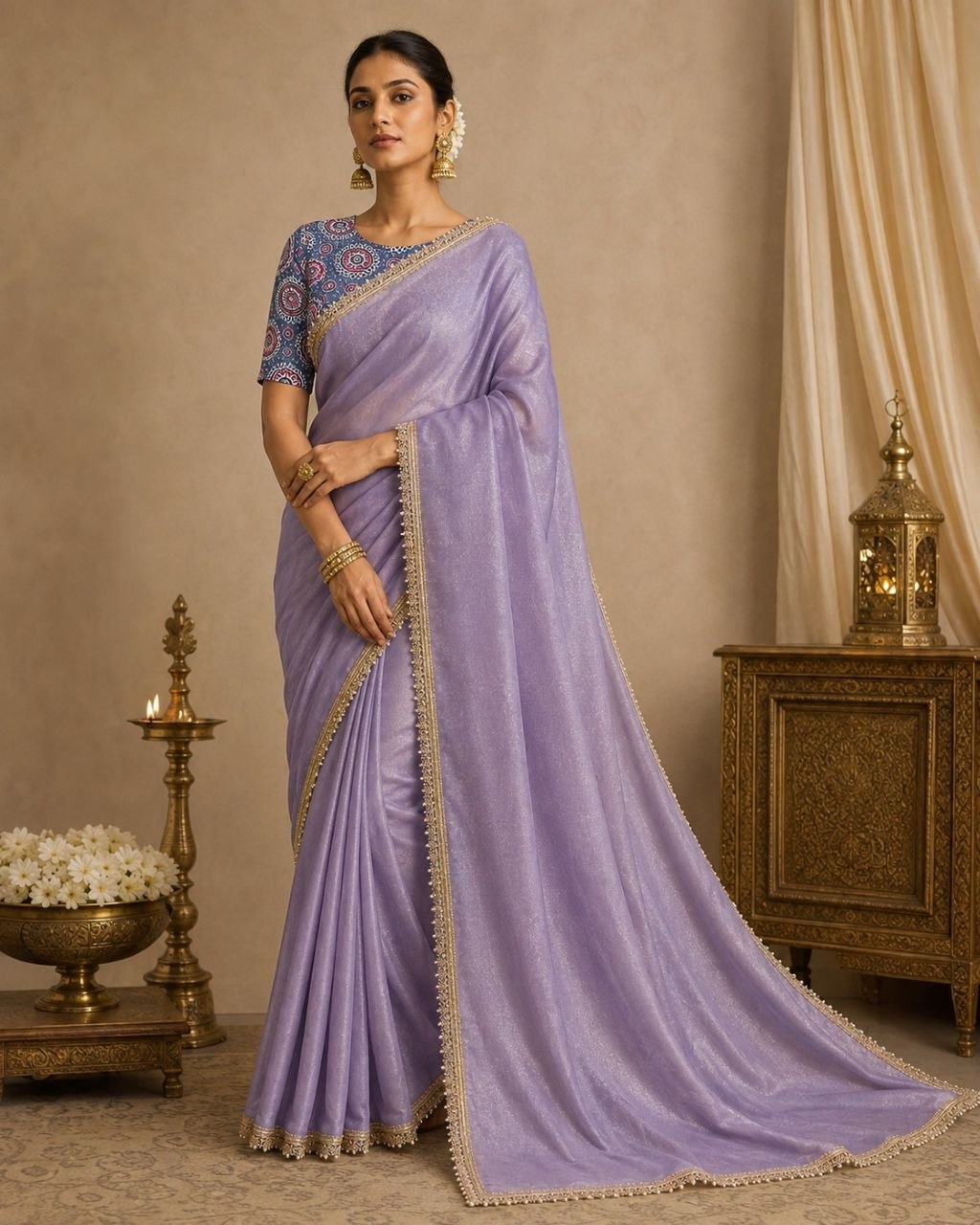 Pastel Pink Jimmy Choo Silk Saree with Stone & Pearl Embroidered Lace Border & Printed Blouse