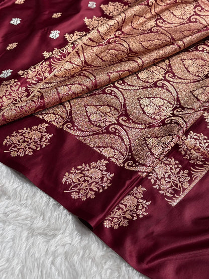 Elegant Satin Silk Saree with Woven Floral Buttis & Zari Border