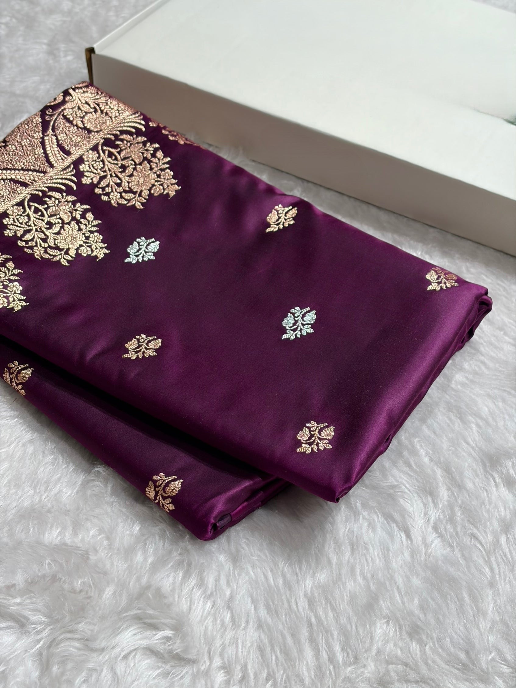 Elegant Satin Silk Saree with Woven Floral Buttis & Zari Border
