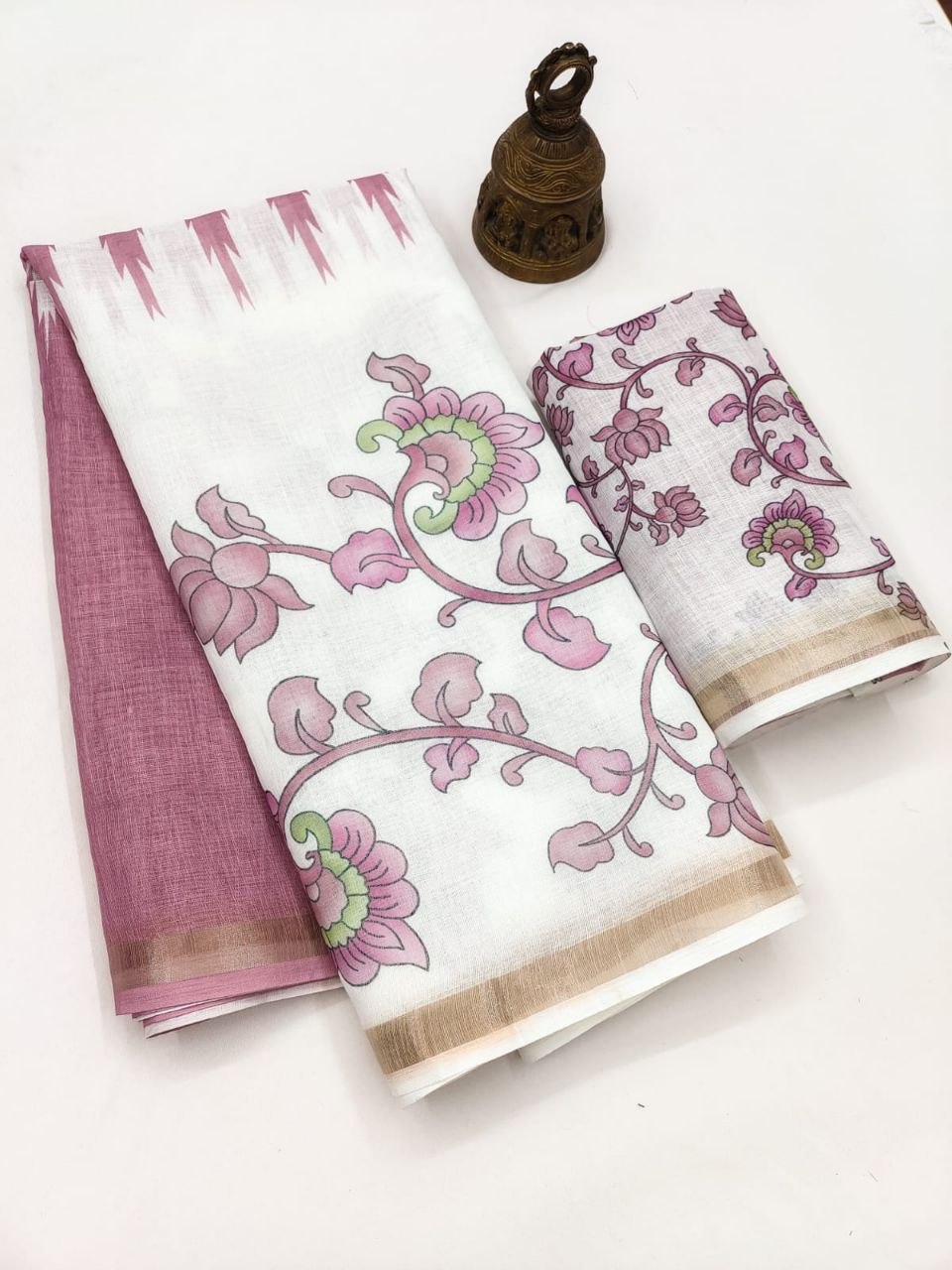 Elegant Off-White & Pink Floral  Printed Linen Saree with Temple Border