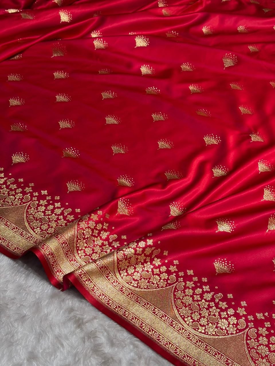 Elegant Banarasi Satin Silk Saree with Gold Butta and Zari Border