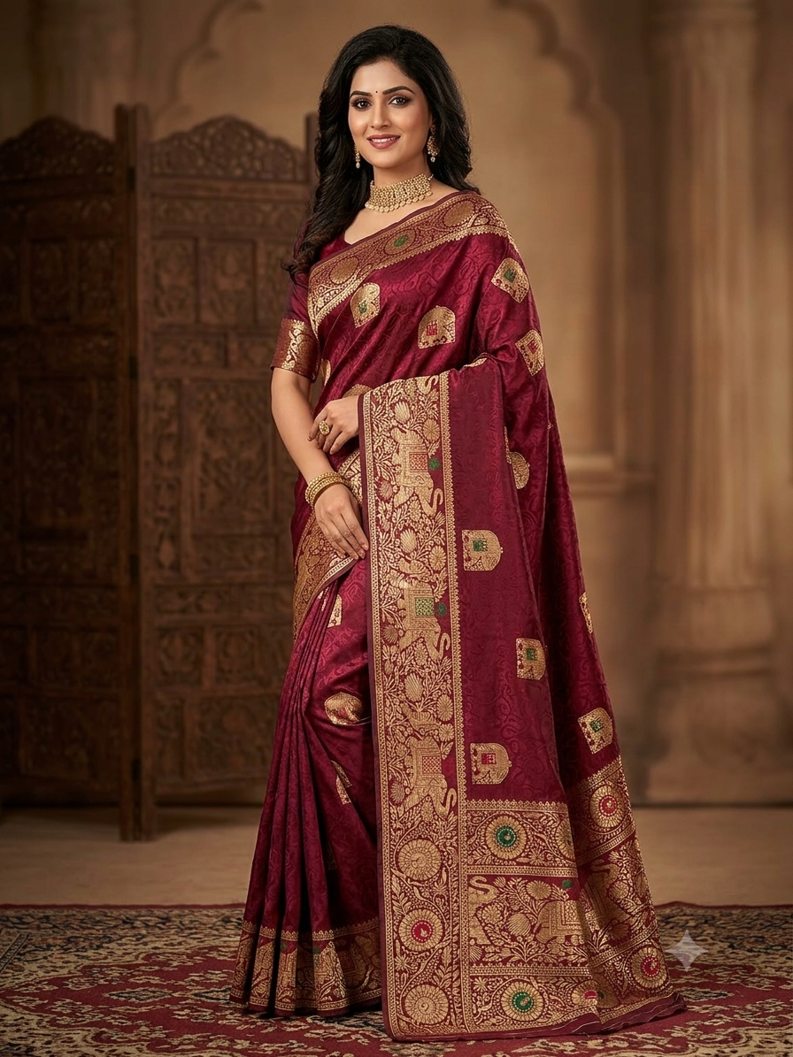 Deep Wine Maroon Nylon Brocade Silk Saree with Gold Zari & Meenakari Elephant Motifs