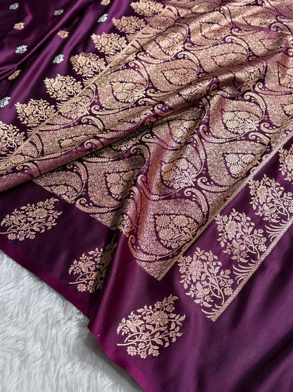 Elegant Satin Silk Saree with Woven Floral Buttis & Zari Border