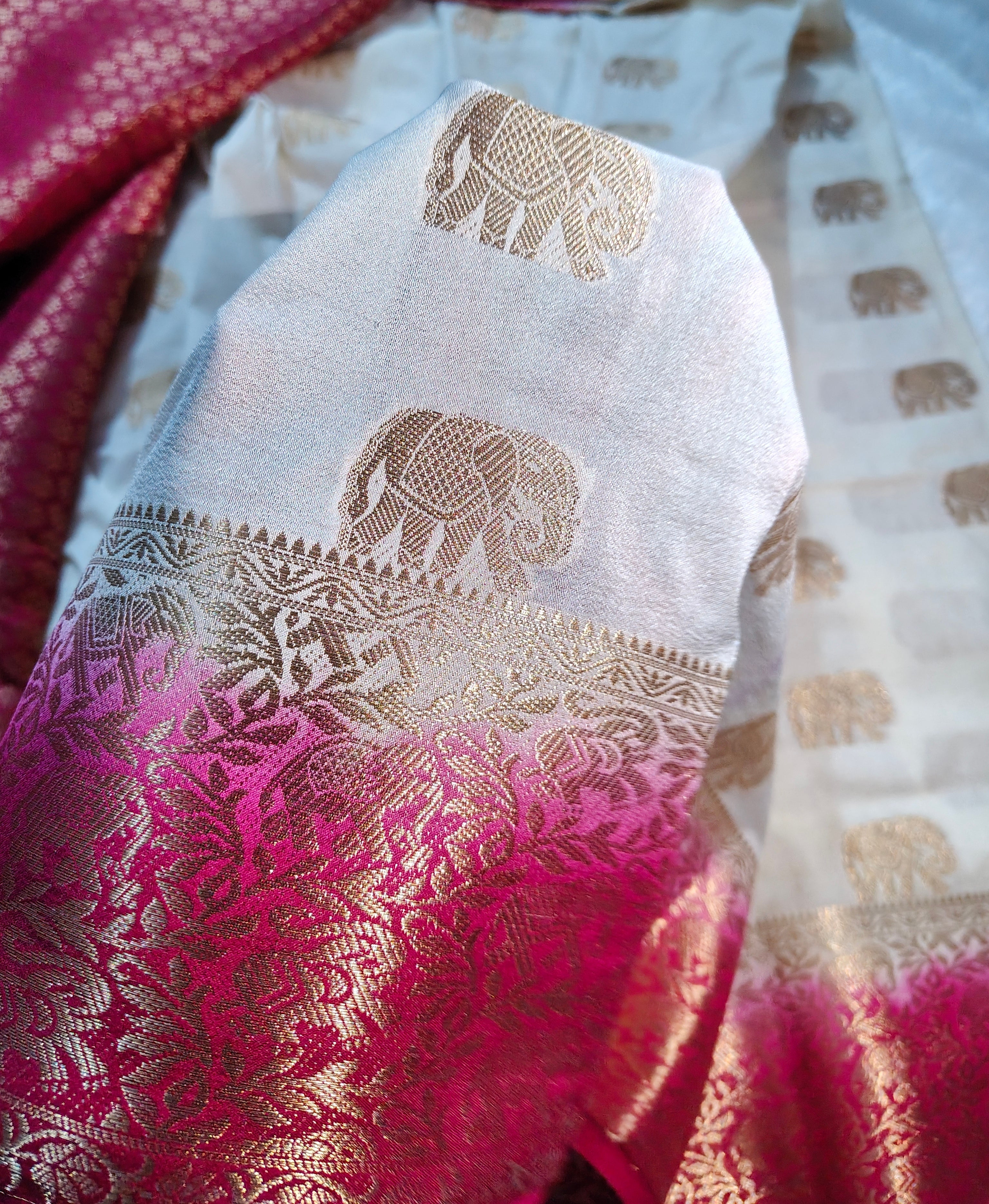 Off-White & Rani Pink Pure Mysore Silk Saree with Golden Zari Elephant Butta & Border