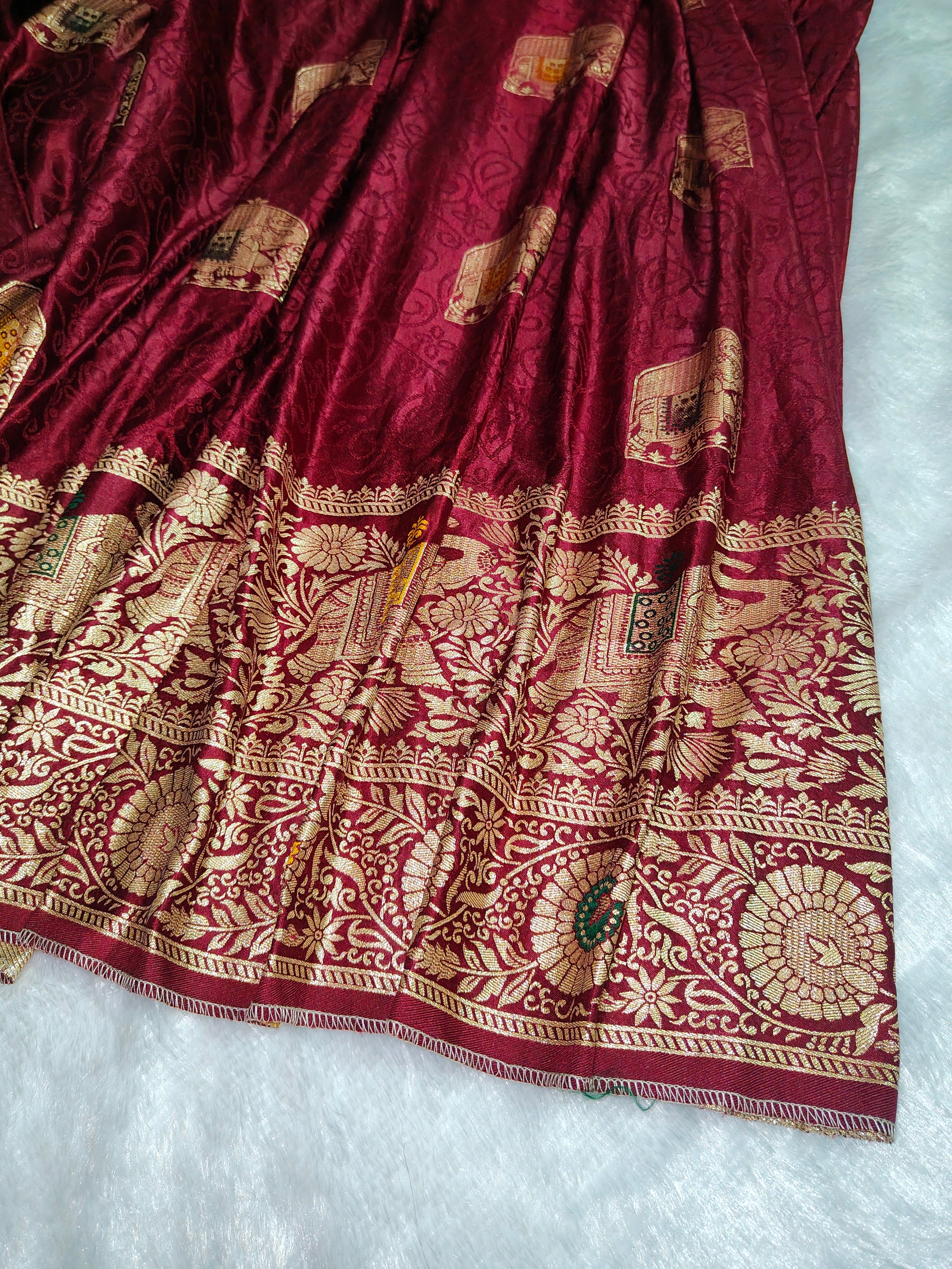 Deep Wine Maroon Nylon Brocade Silk Saree with Gold Zari & Meenakari Elephant Motifs