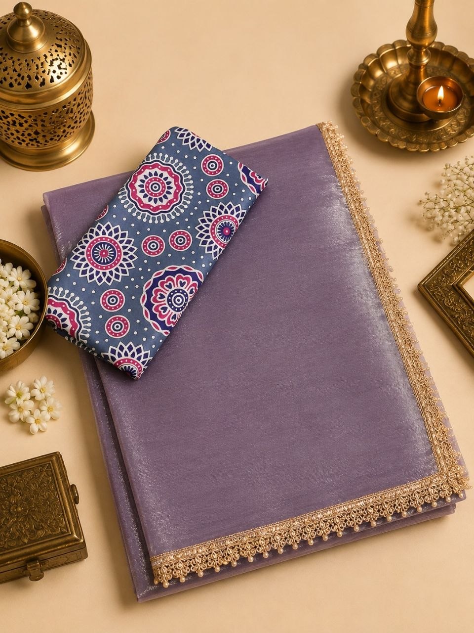 Pastel Pink Jimmy Choo Silk Saree with Stone & Pearl Embroidered Lace Border & Printed Blouse
