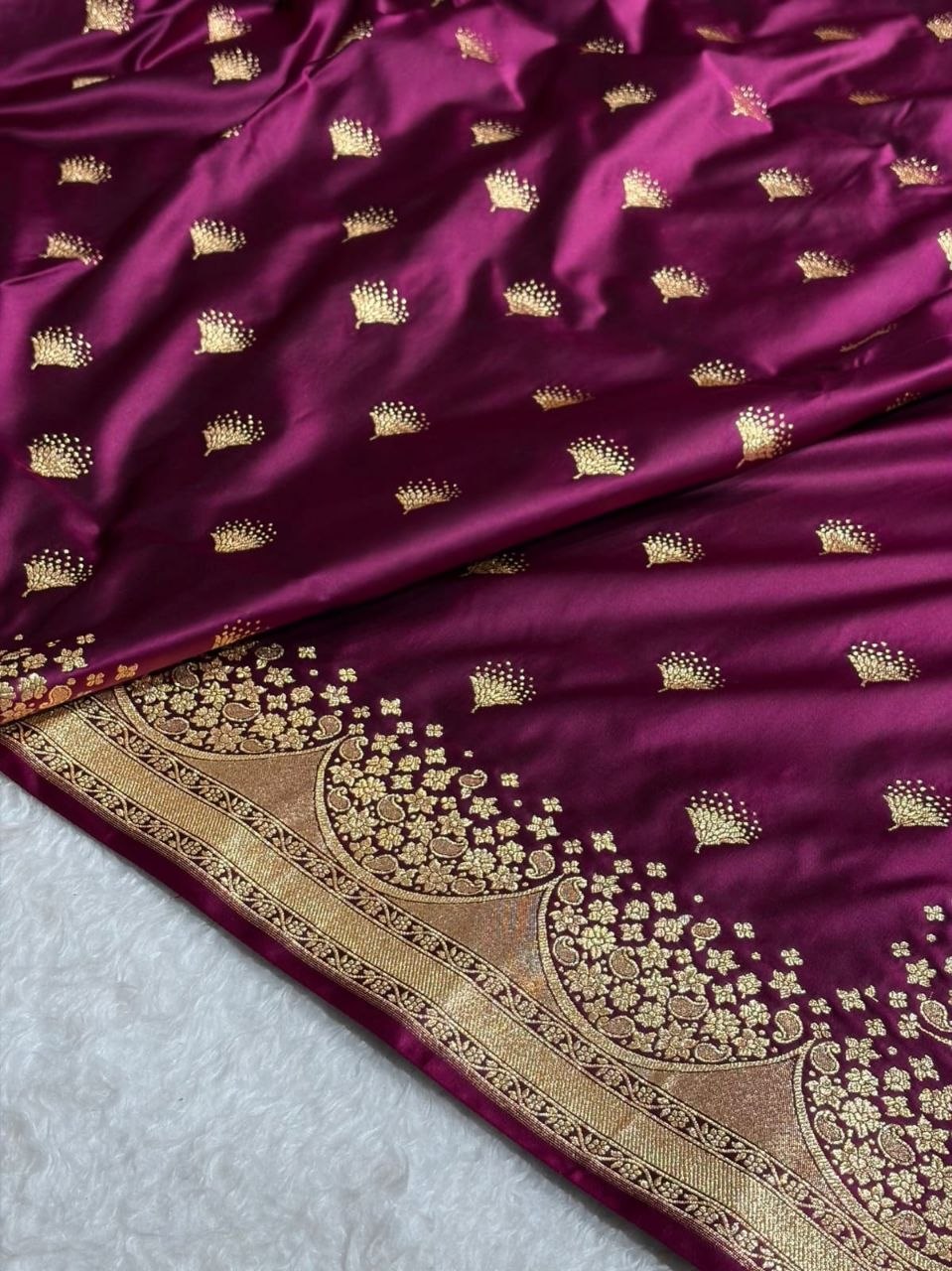 Elegant Banarasi Satin Silk Saree with Gold Butta and Zari Border