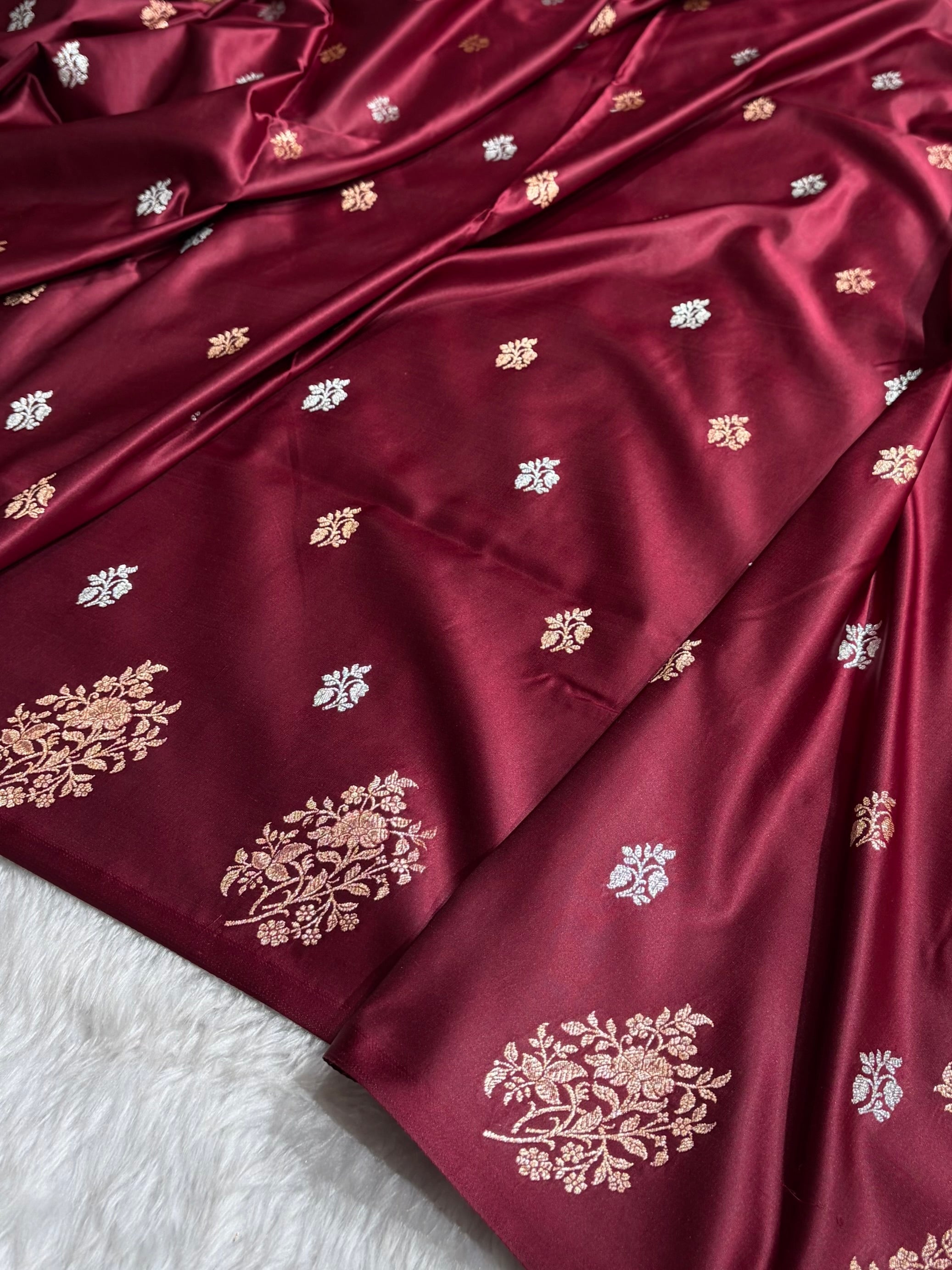 Elegant Satin Silk Saree with Woven Floral Buttis & Zari Border