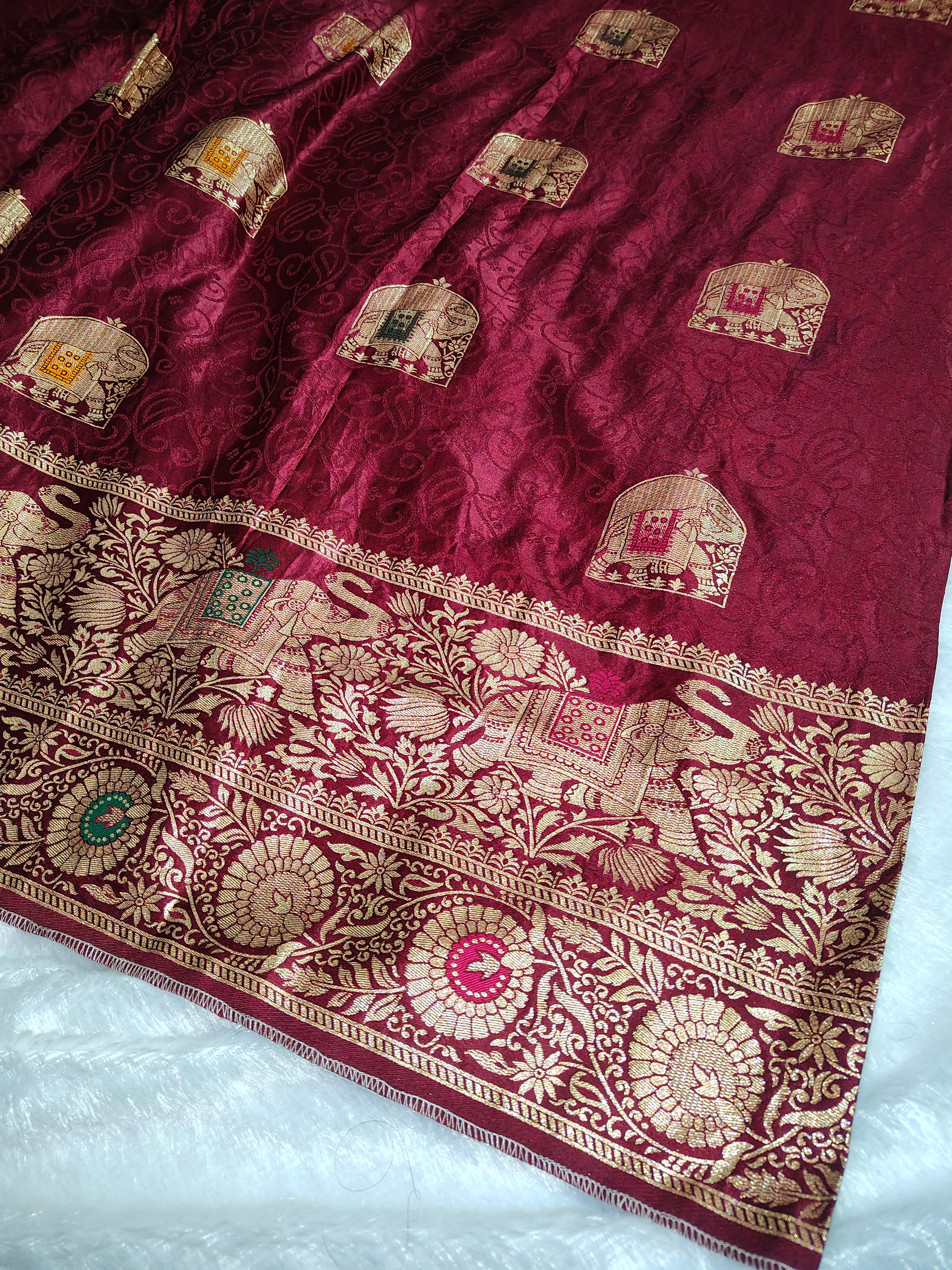 Deep Wine Maroon Nylon Brocade Silk Saree with Gold Zari & Meenakari Elephant Motifs