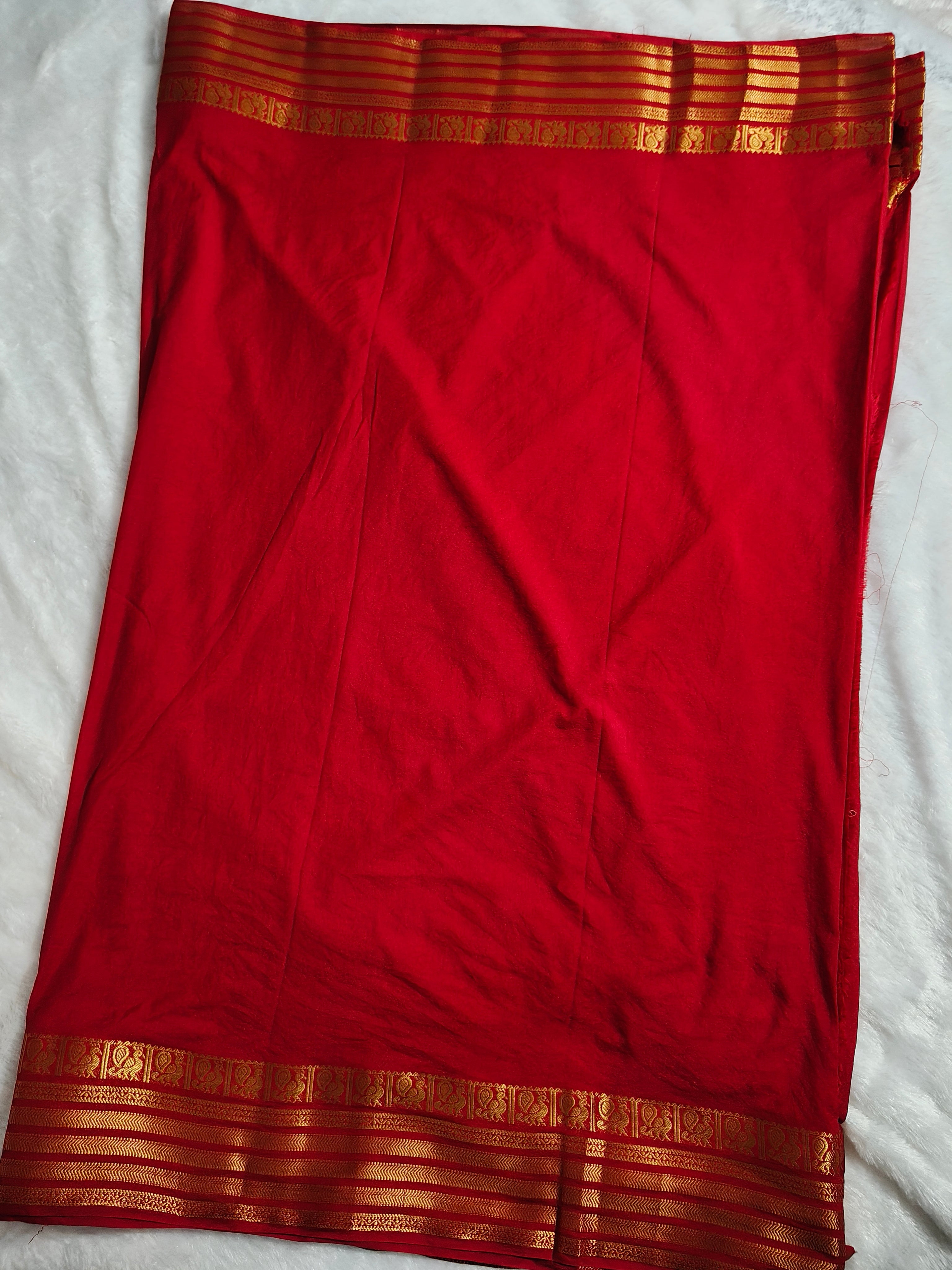 Vibrant Red Pure Mysore Silk Saree with Gold Zari Peacock (Mayil) Motif