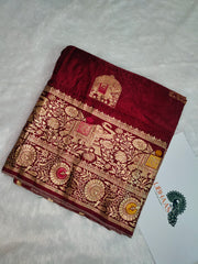 Deep Wine Maroon Nylon Brocade Silk Saree with Gold Zari & Meenakari Elephant Motifs