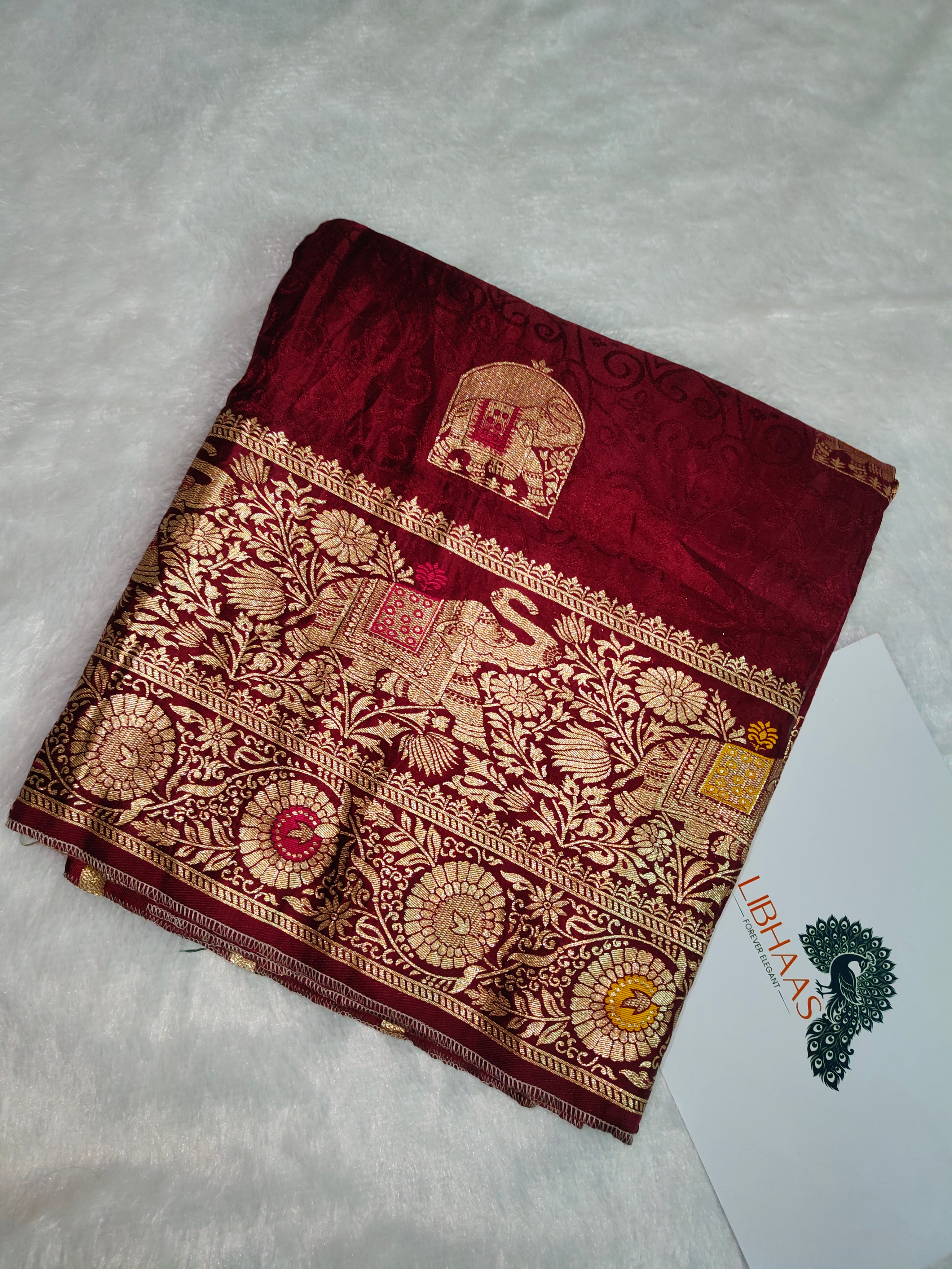 Deep Wine Maroon Nylon Brocade Silk Saree with Gold Zari & Meenakari Elephant Motifs