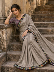 Elegant Taupe Grey Satin Silk Saree with Embroidered Floral Border & Matching Printed Blouse