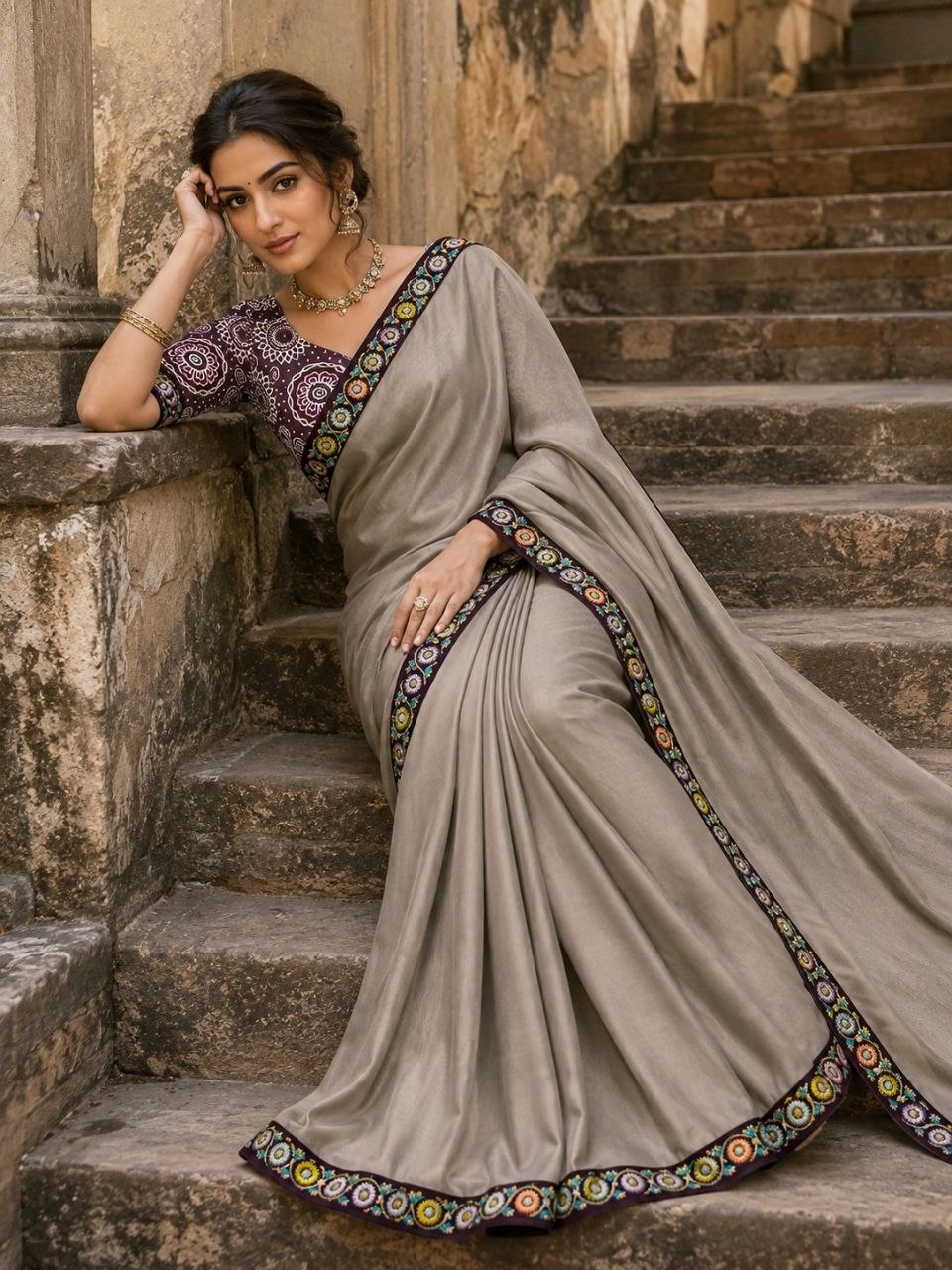 Elegant Taupe Grey Satin Silk Saree with Embroidered Floral Border & Matching Printed Blouse