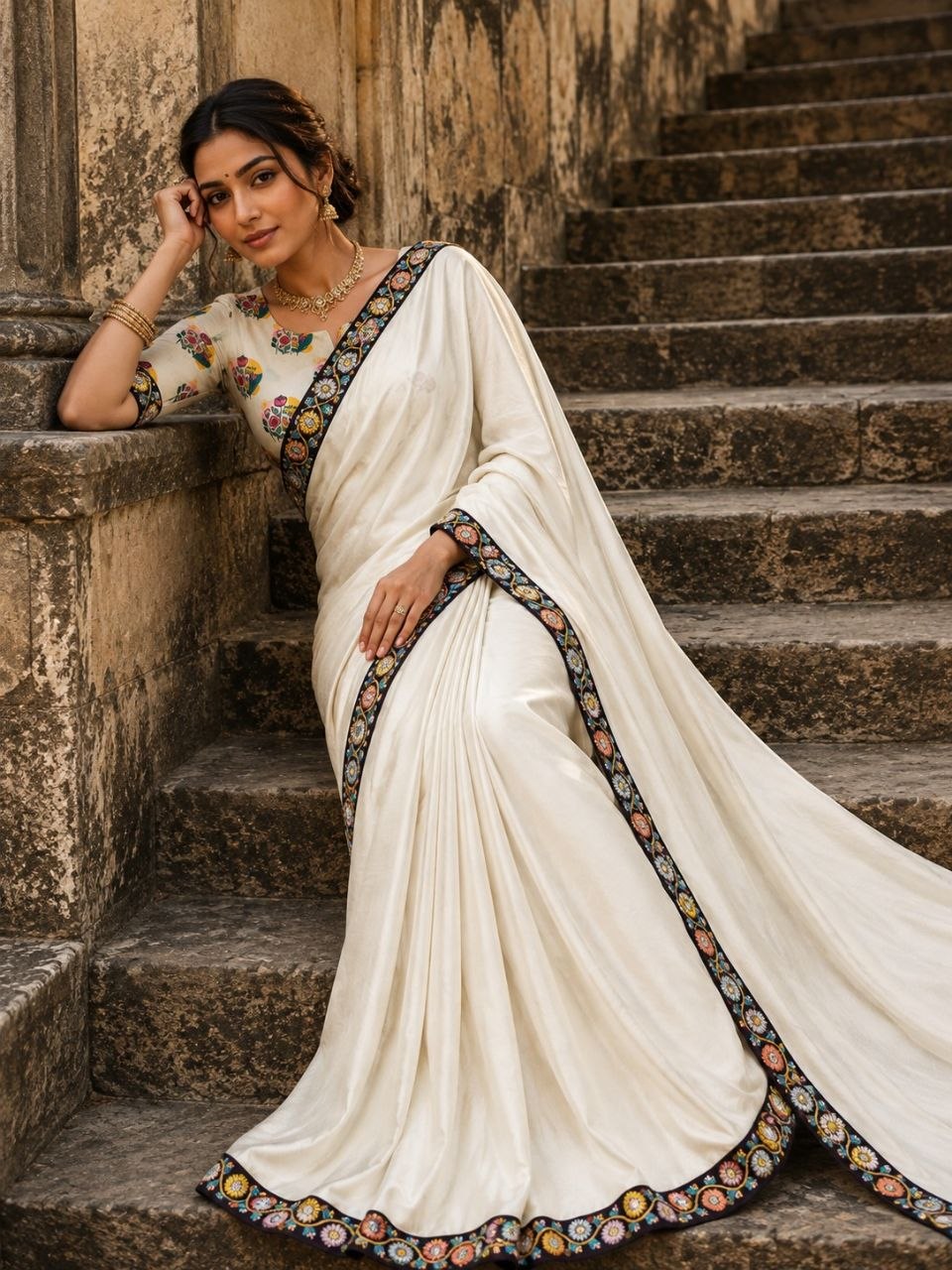 Elegant Taupe Grey Satin Silk Saree with Embroidered Floral Border & Matching Printed Blouse