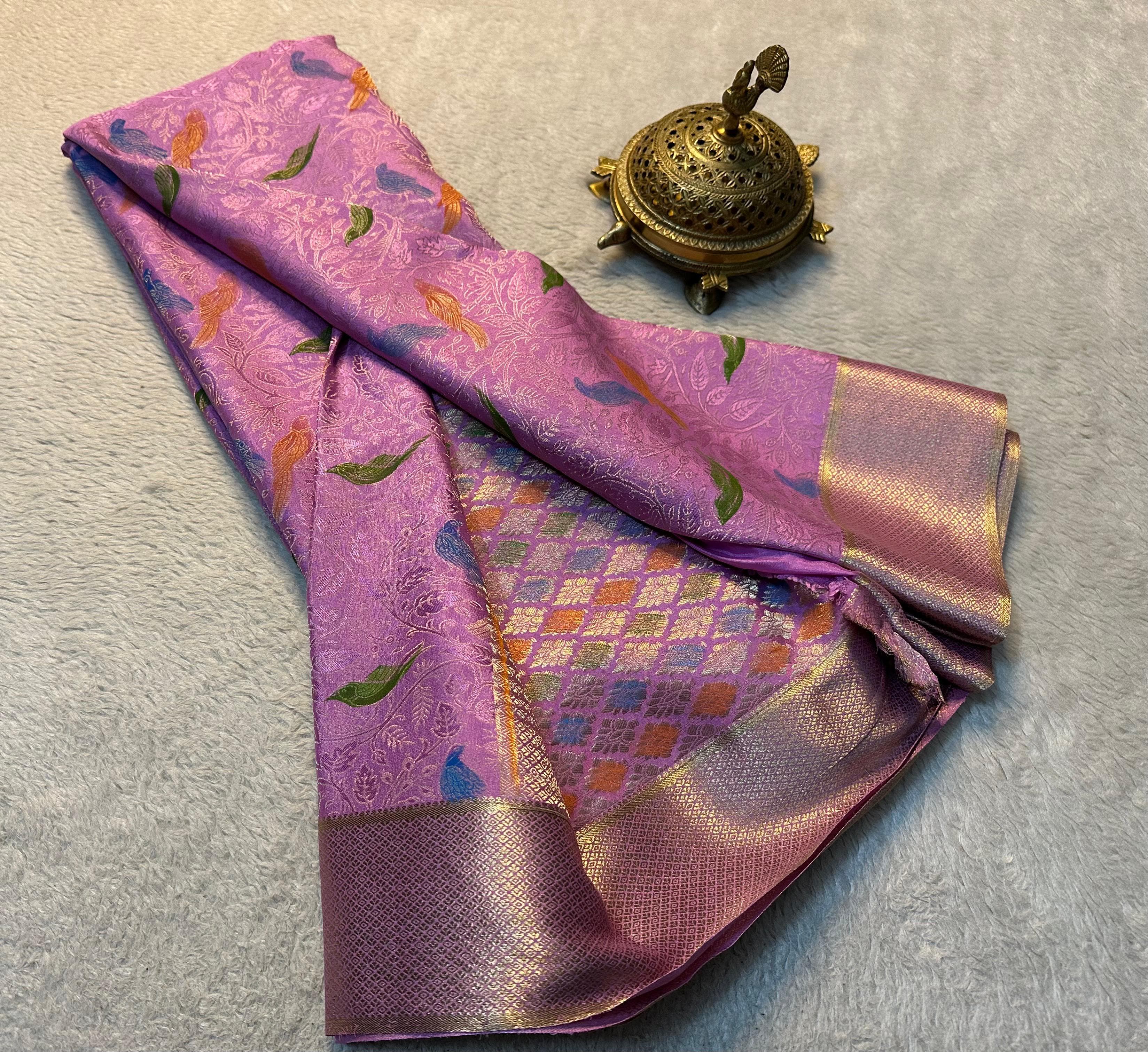Elegant Brocade Saree with Colorful Bird Motifs & Rich Zari Border