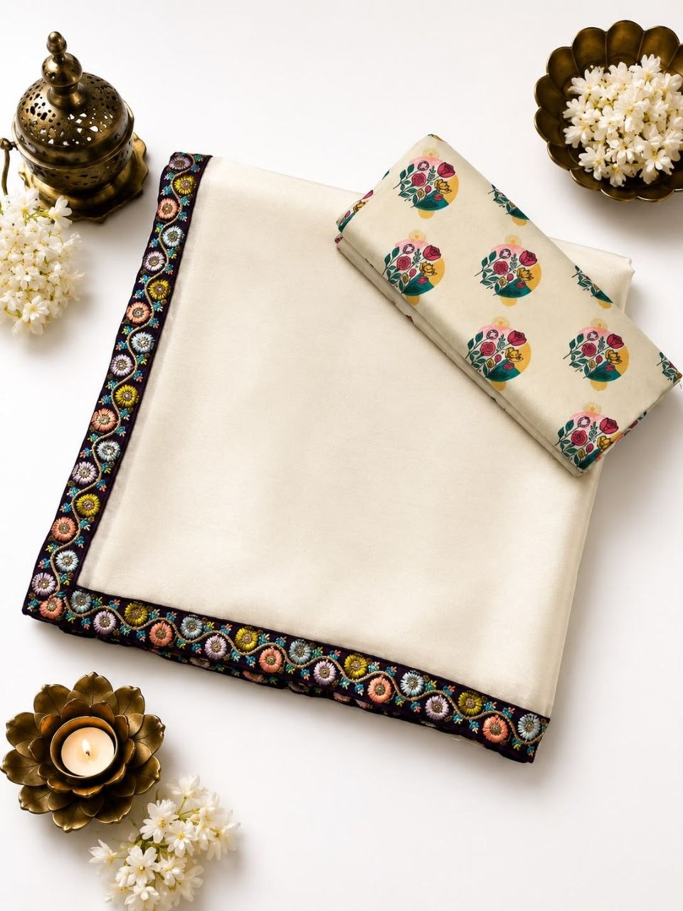 Elegant Taupe Grey Satin Silk Saree with Embroidered Floral Border & Matching Printed Blouse